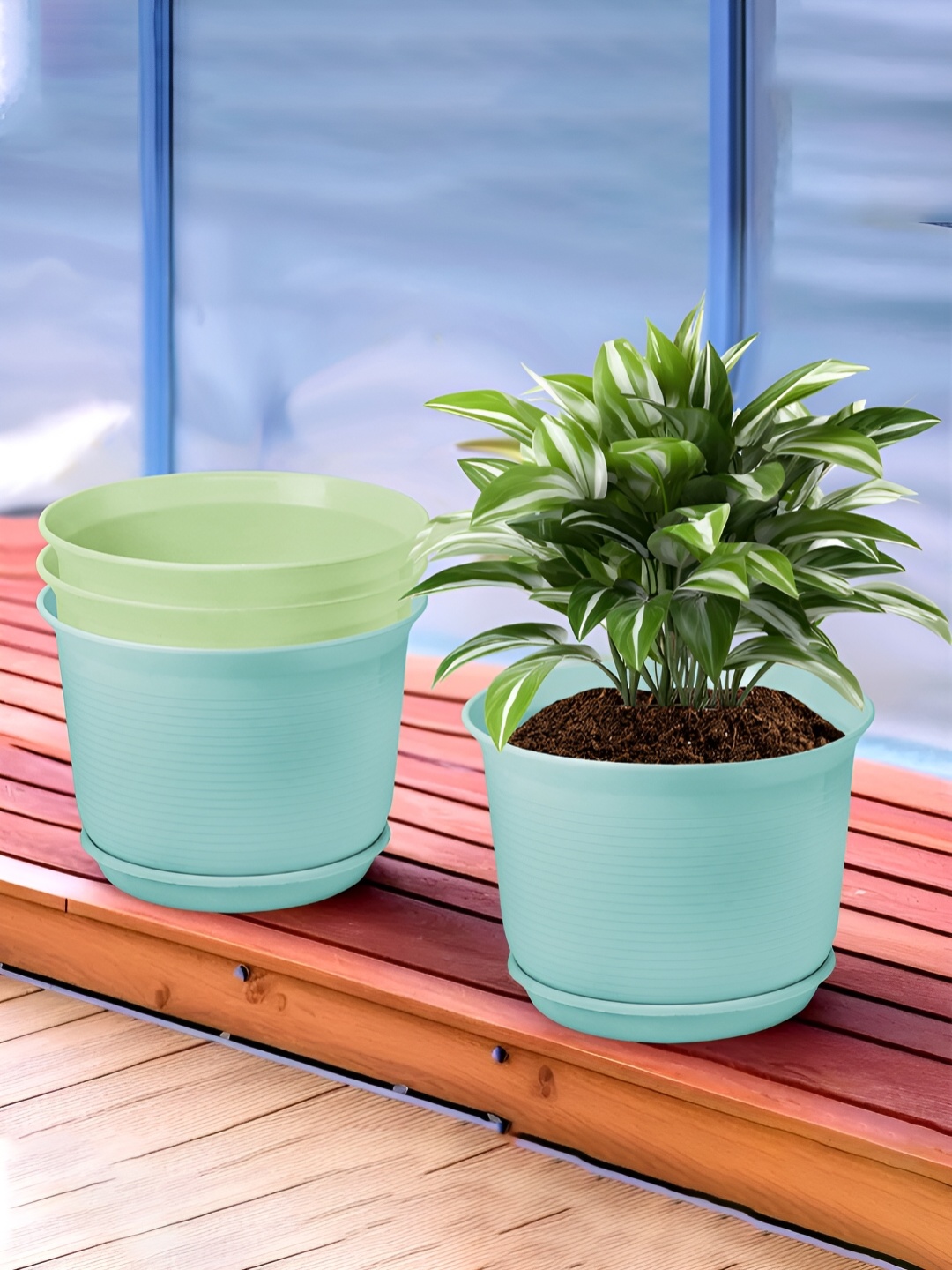 

Kuber Industries Blue & Green 4 Pcs Flower Pot Planters With Tray