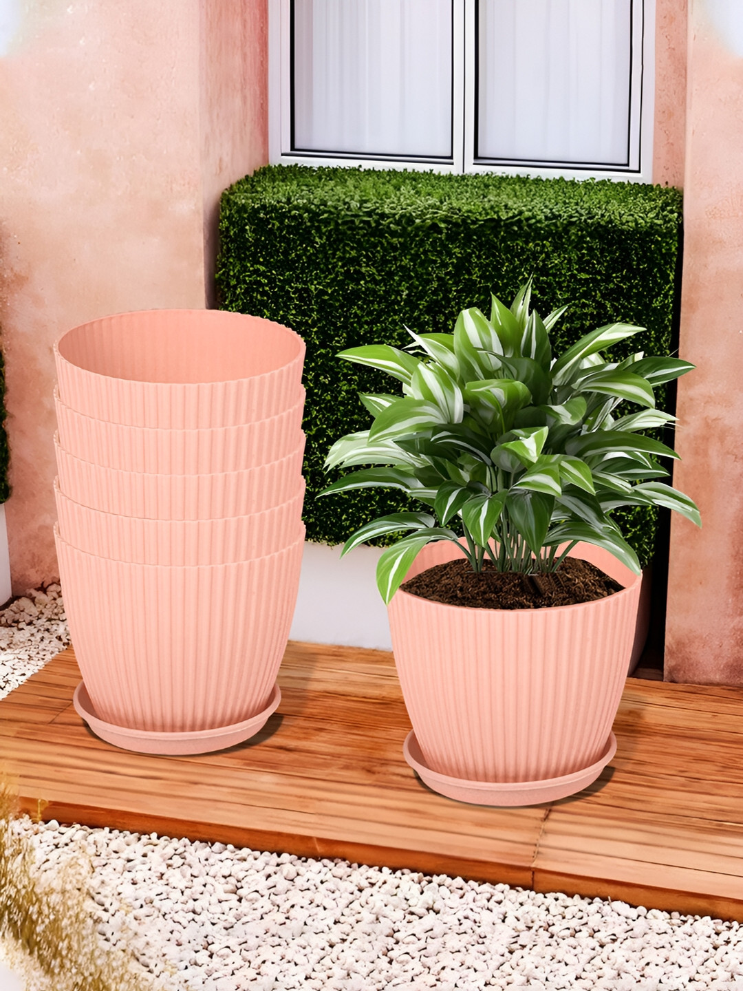 

Kuber Industries Peach 6 Pieces Textured Flower Pot Planters With Tray
