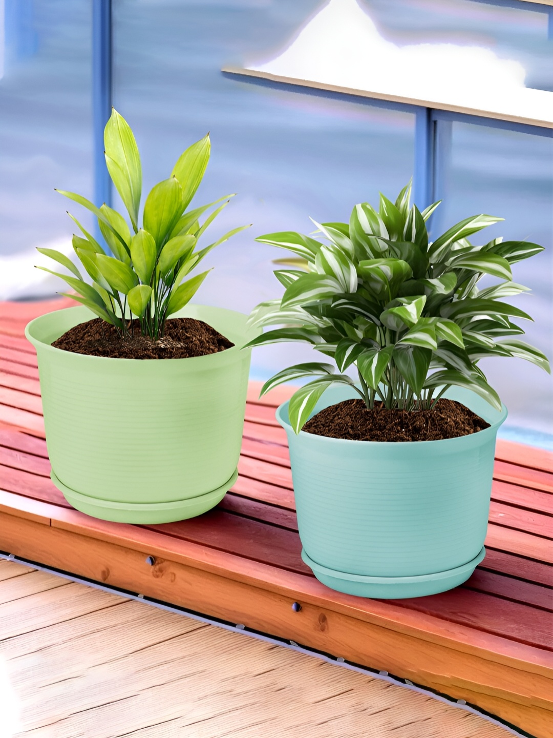 

Kuber Industries Blue & Green 2 Pcs Flower Pot Planters With Tray