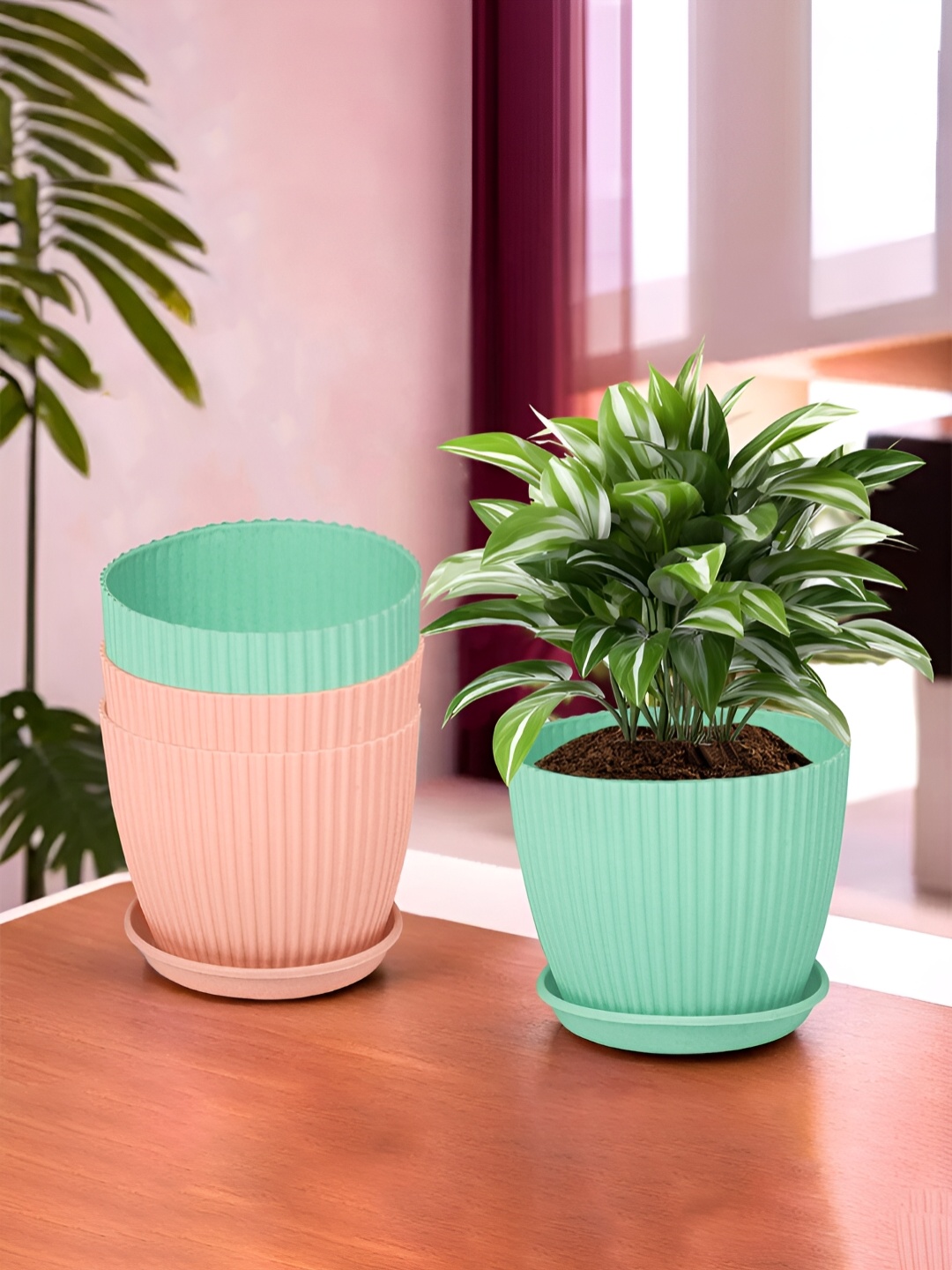 

Kuber Industries Peach & Green 4 Pieces Textured Flower Pot Planters With Tray