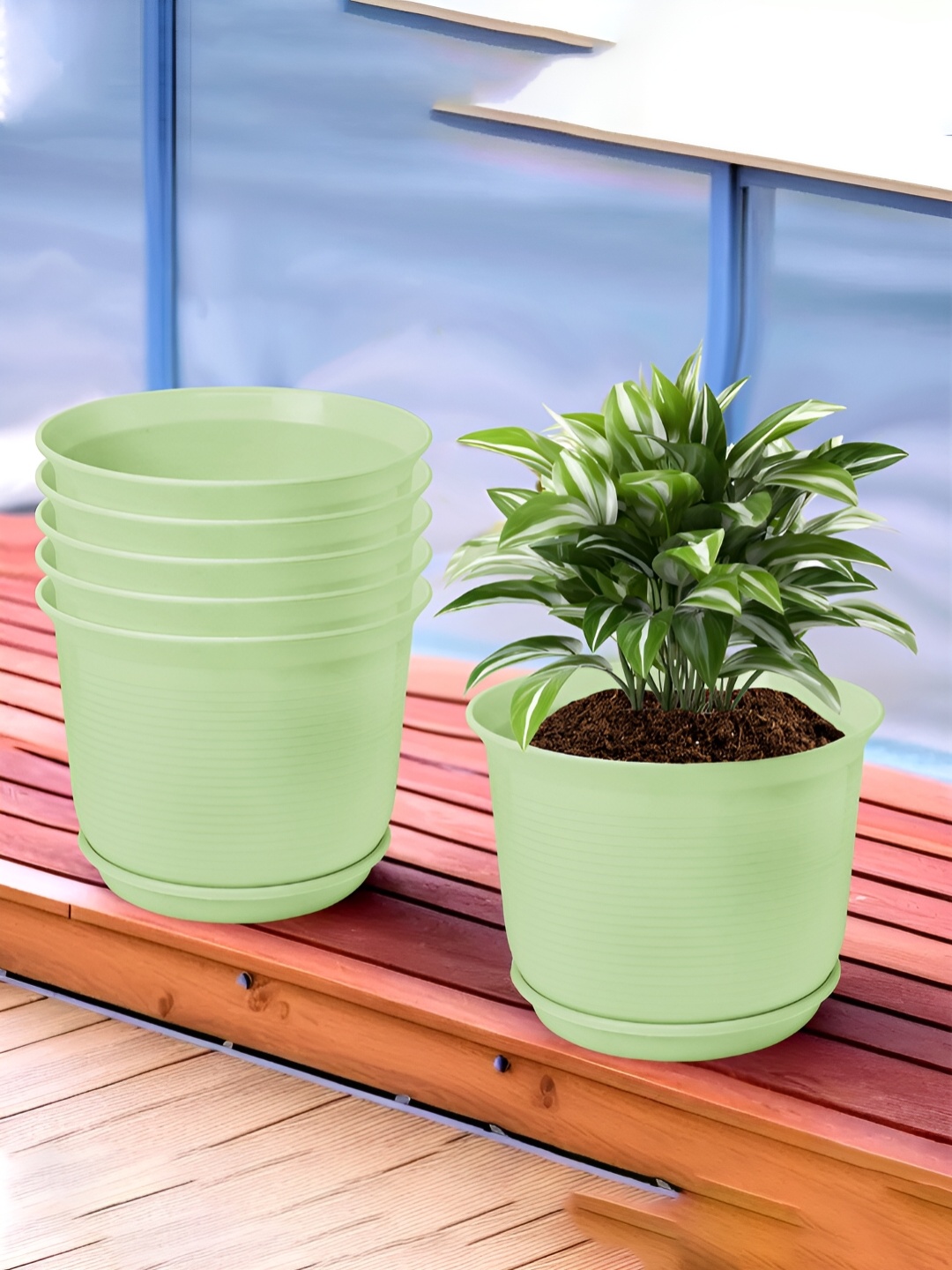 

Kuber Industries Green 6 Pieces Flower Pot Planters With Tray