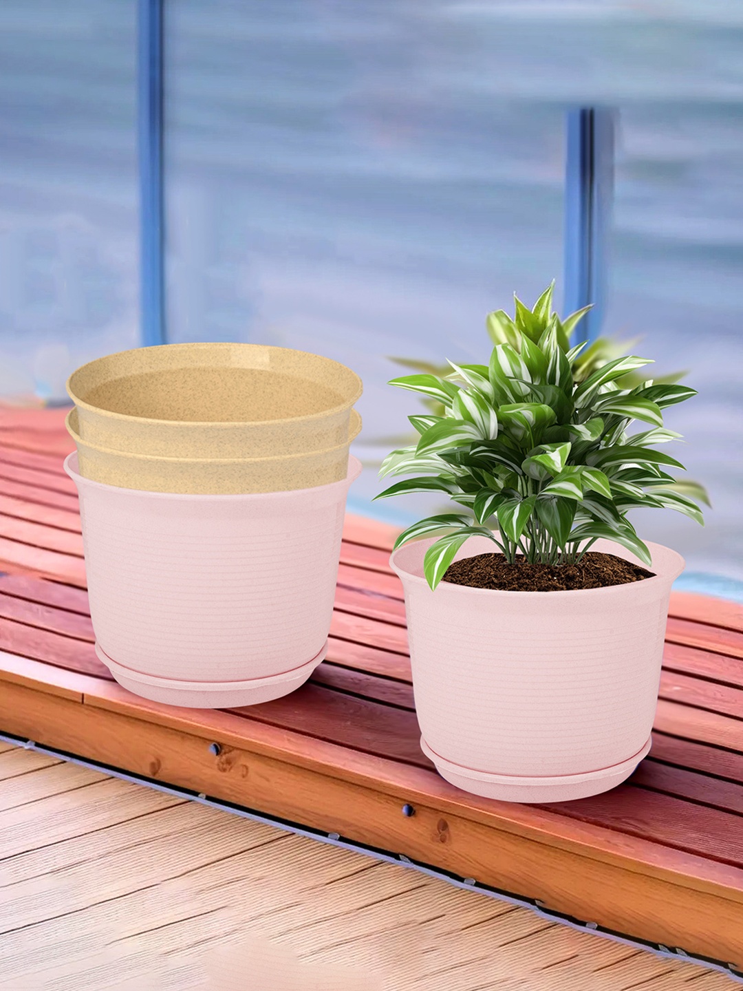 

Kuber Industries Pink & Beige 4 Pcs Textured Flower Pot Planters With Tray