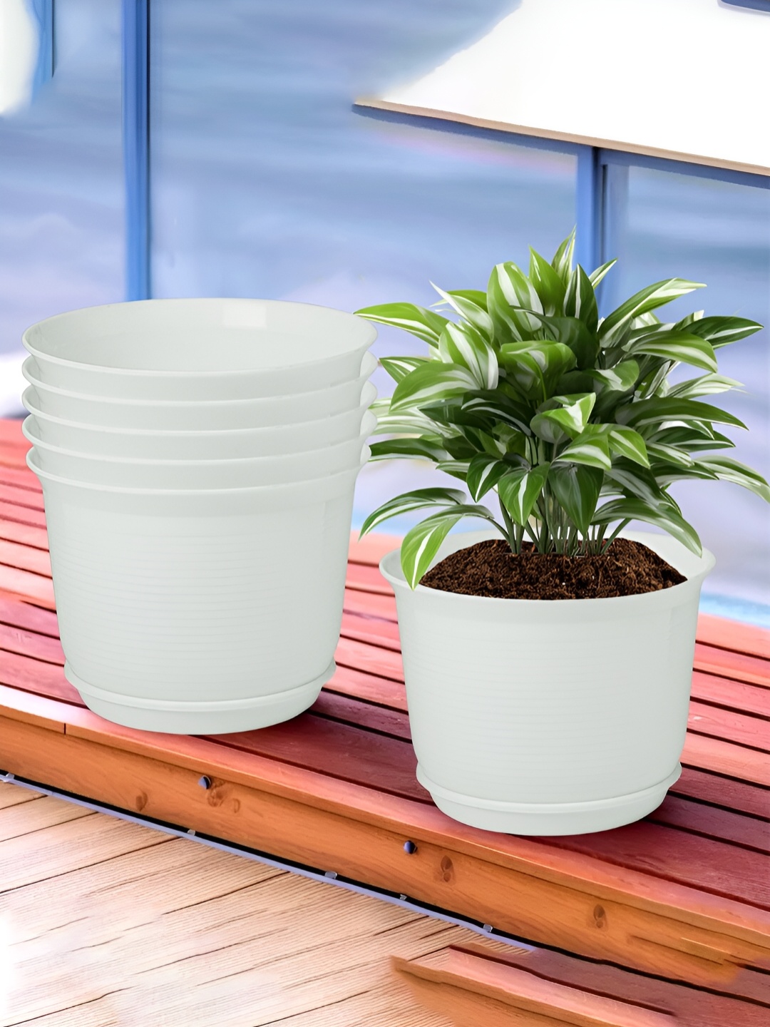

Kuber Industries White 6 Pcs Flower Pot Planters With Tray