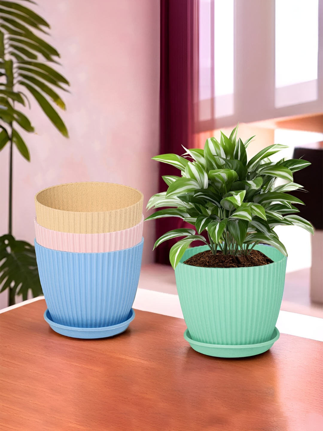 

Kuber Industries Blue & Pink 4 Pieces Textured Flower Pot Planters With Tray