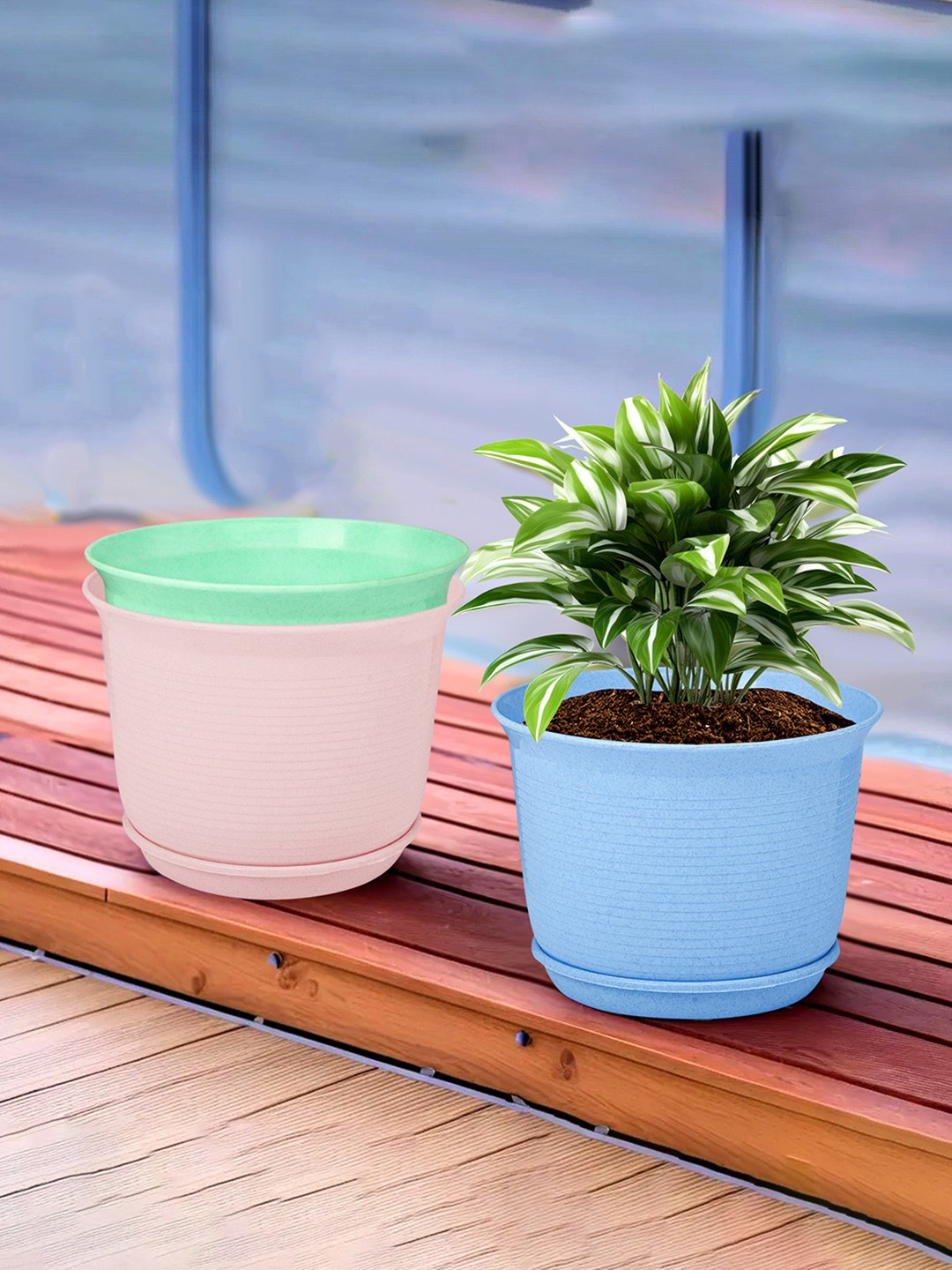 

Kuber Industries Blue & Pink 3 Pieces Textured Flower Pot Planters With Tray