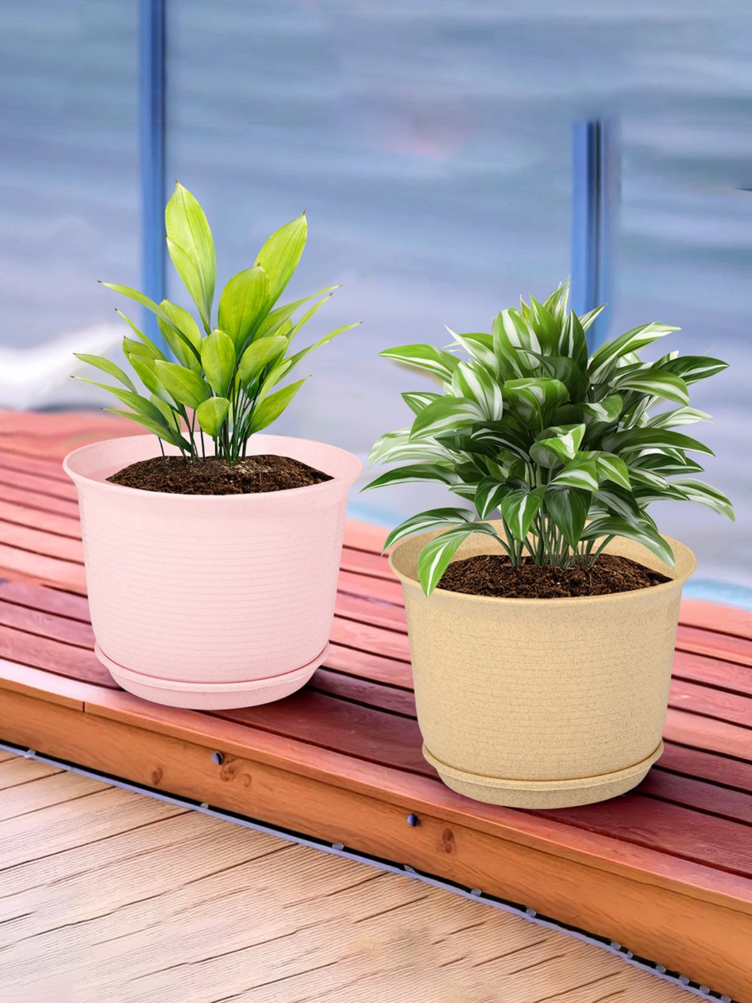 

Kuber Industries Beige & Pink 2 Pieces Textured Flower Pot Planters With Tray