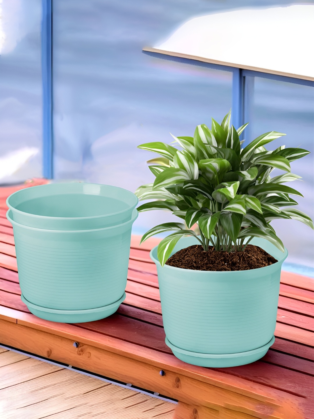 

Kuber Industries Blue 3 Pieces Flower Pot Planters With Tray