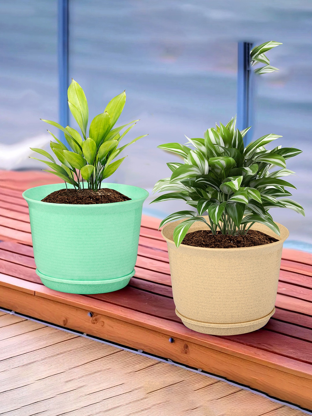 

Kuber Industries Beige & Green 2 Pieces Textured Flower Pot Planters With Tray