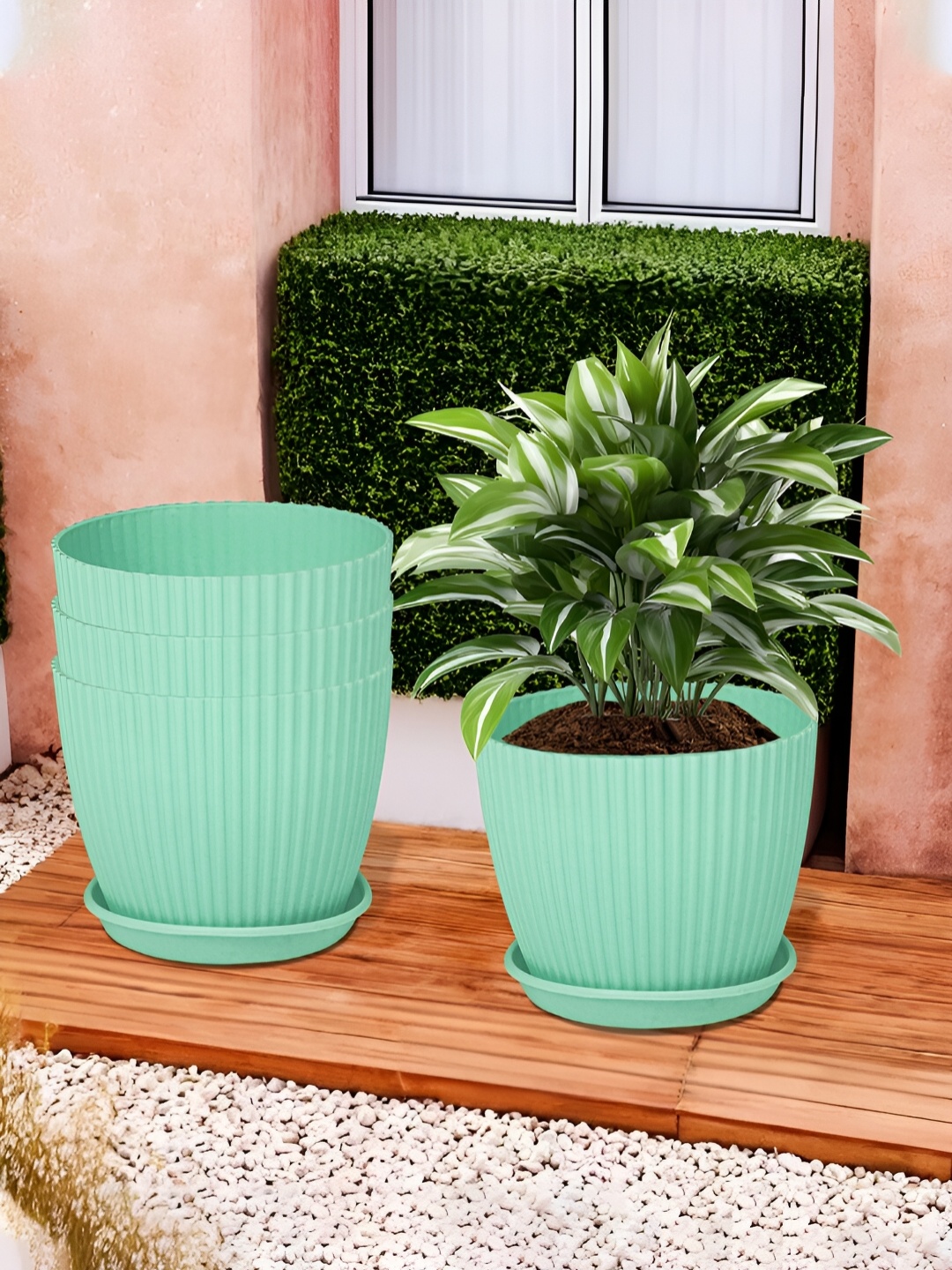 

Kuber Industries Green 4 Pieces Textured Flower Pot Planters With Tray