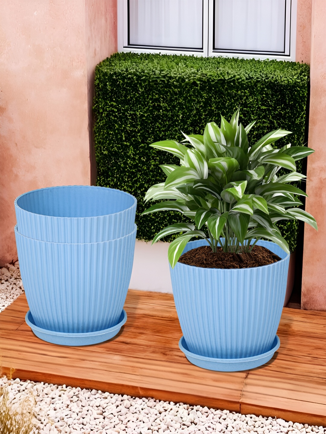 

Kuber Industries 3 Pieces Blue Textured Flower Pot Planters With Tray