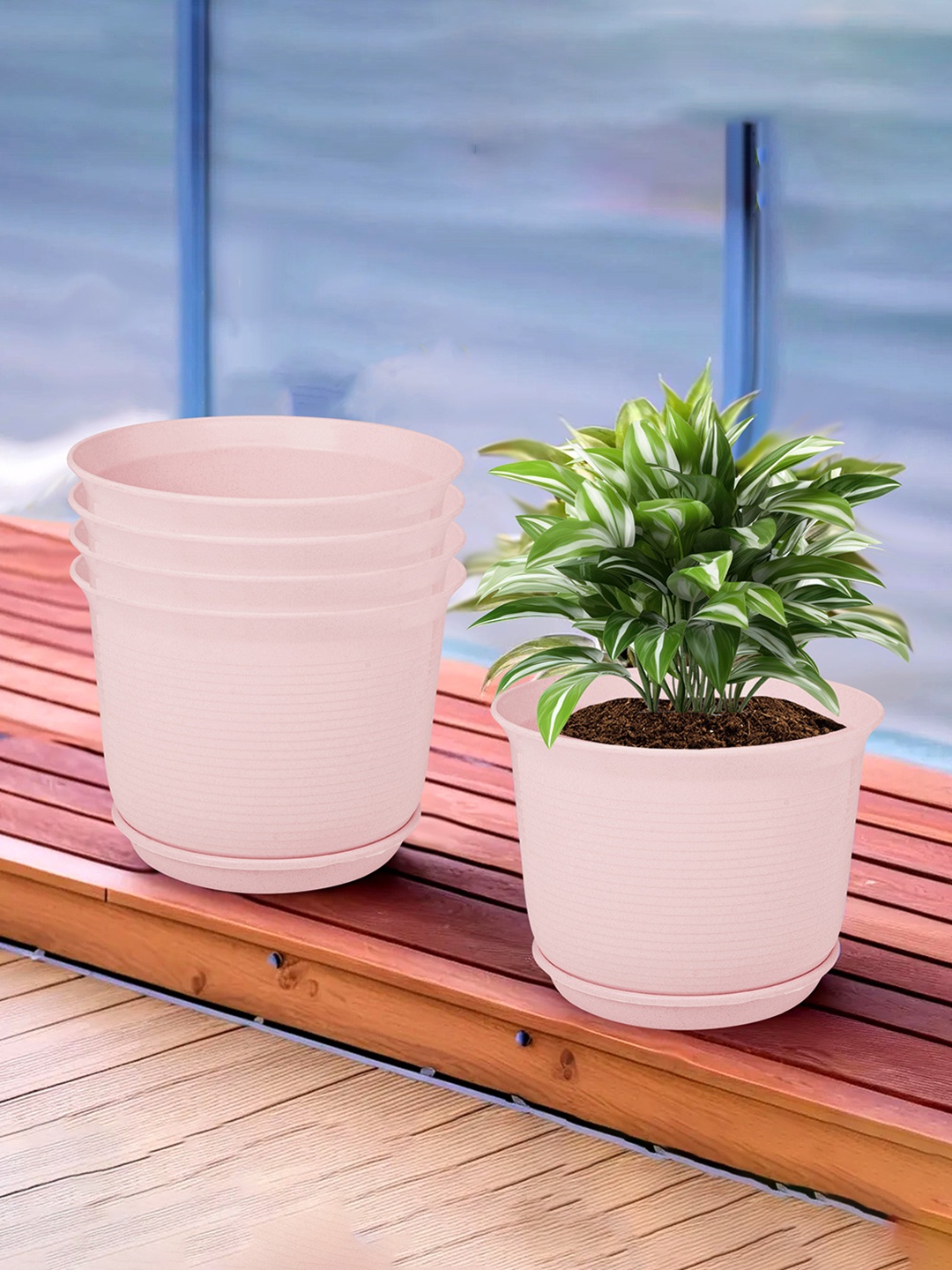 

Kuber Industries Pink 5 Pieces Textured Flower Pot Planters With Tray
