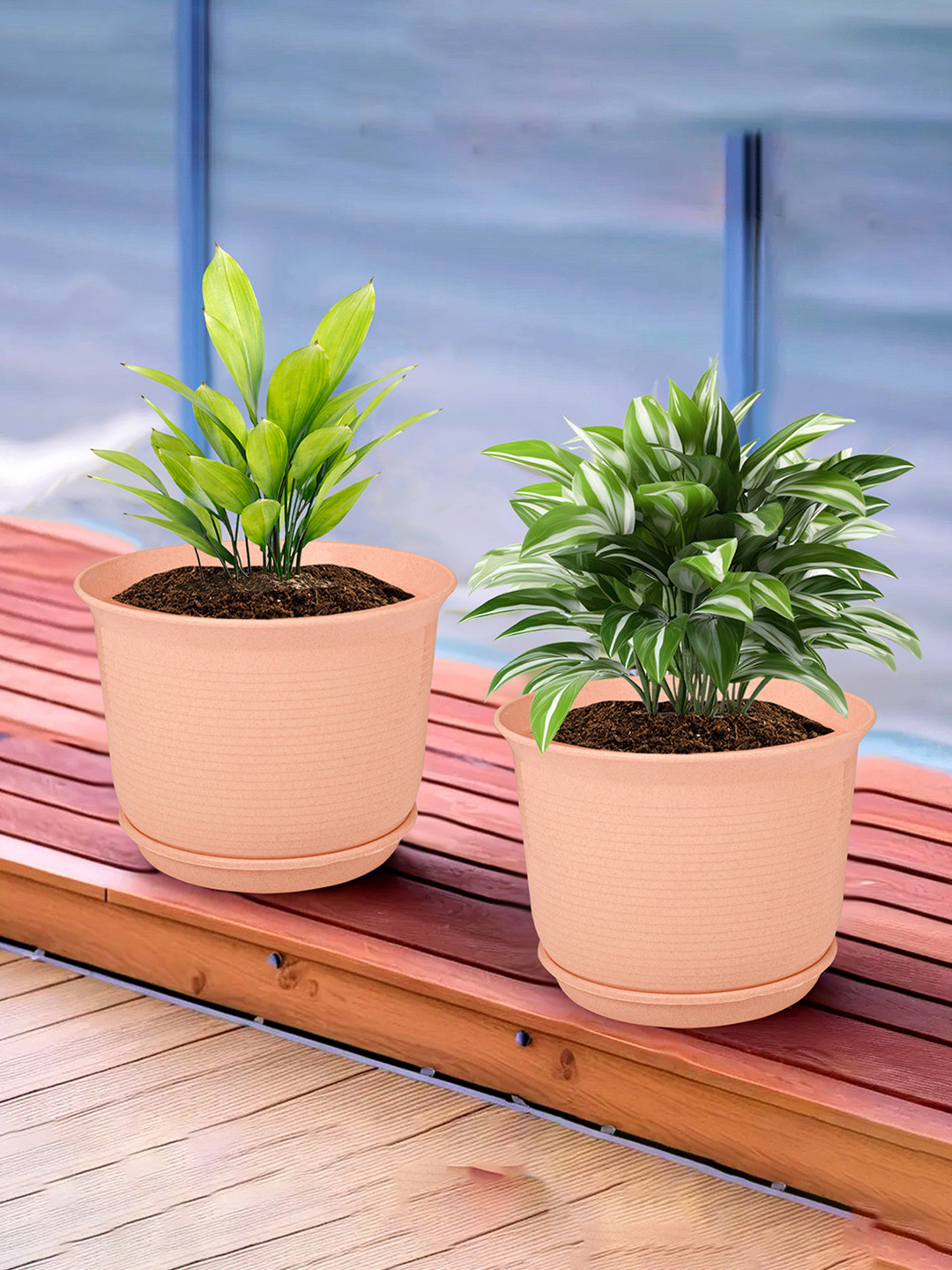 

Kuber Industries Peach Coloured 2 Pieces Textured Flower Pot Planters With Tray