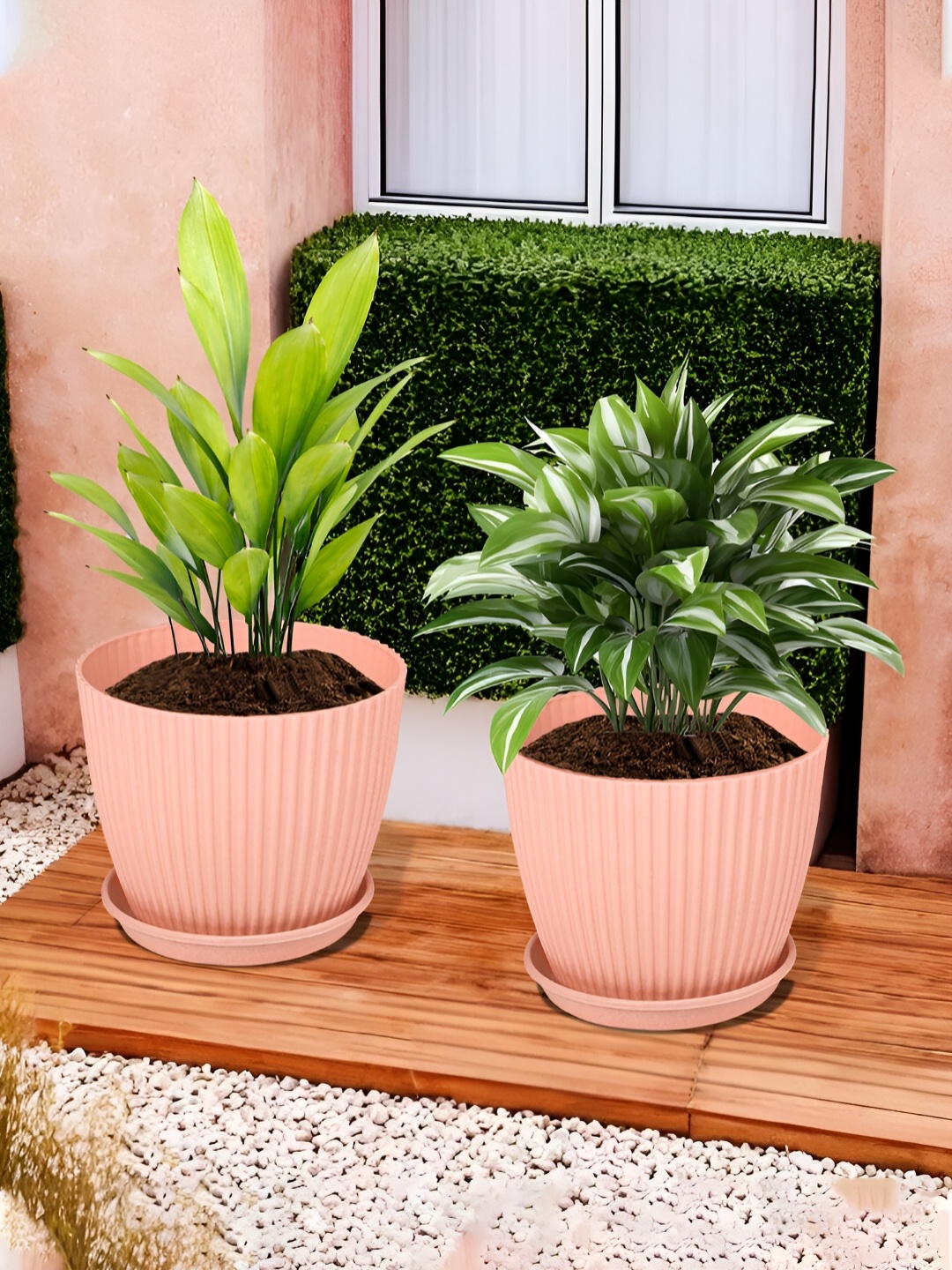 

Kuber Industries Peach Coloured 2 Pieces Textured Flower Pot Planters With Tray