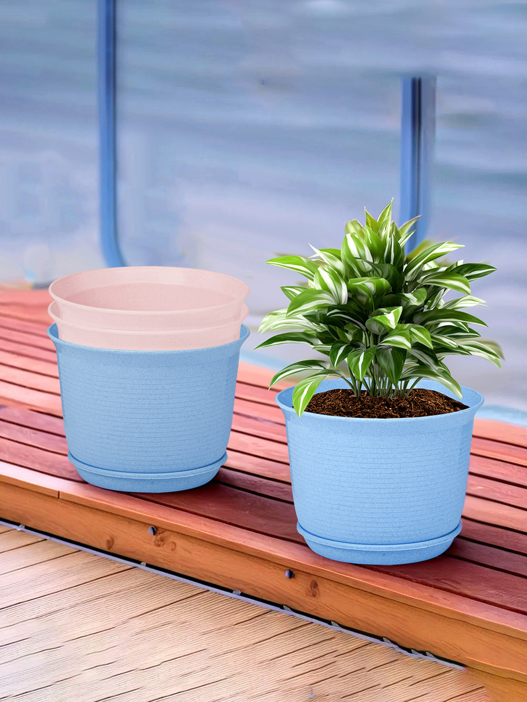 

Kuber Industries Blue & Pink 4 Pieces Textured Flower Pot Planters With Tray