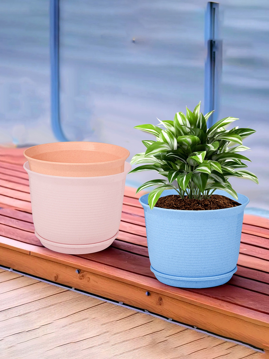 

Kuber Industries Blue & Pink 3 Pieces Textured Flower Pot Planters With Tray