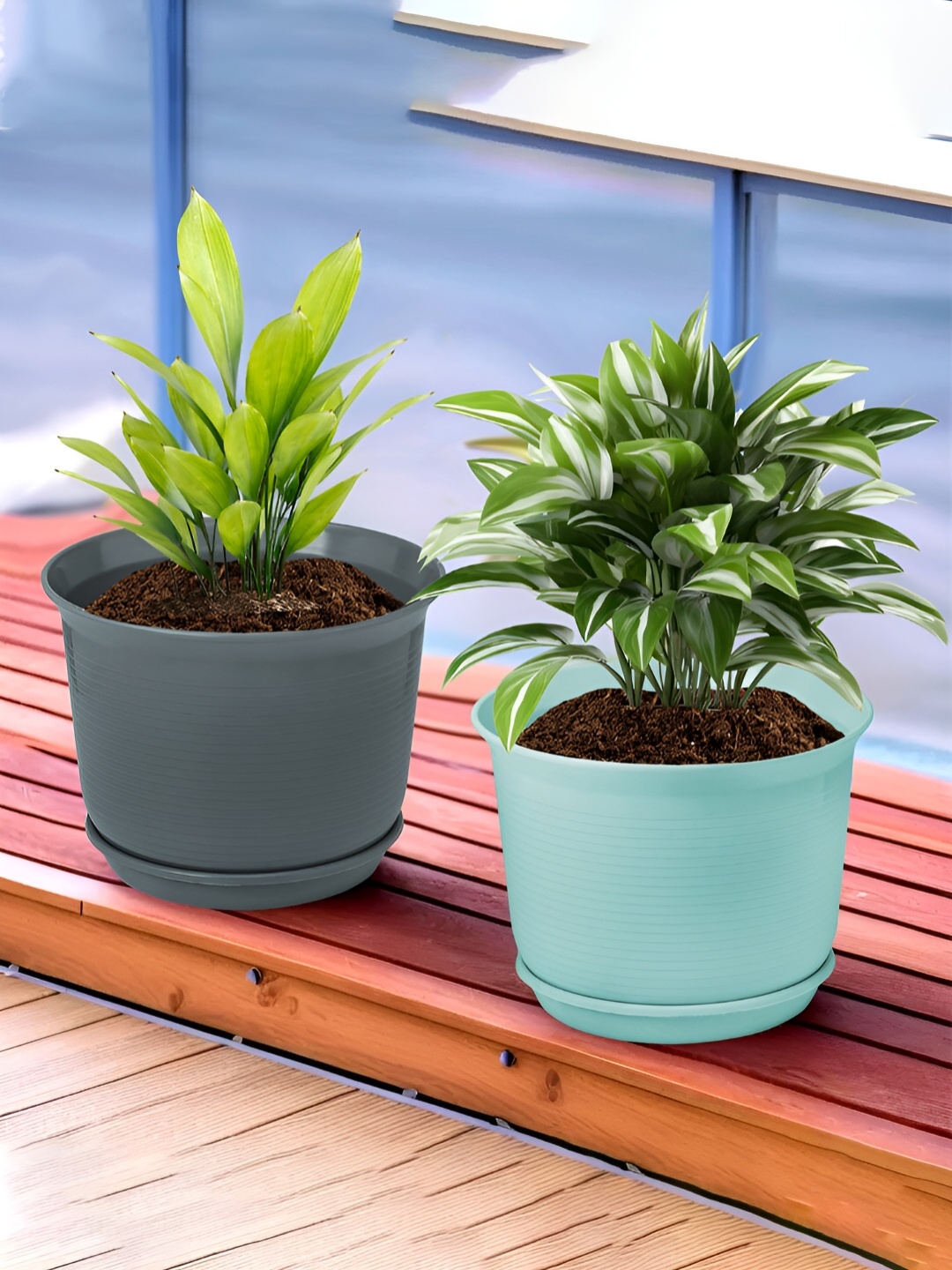 

Kuber Industries Blue & Grey 2 Pieces Flower Pot Planters With Tray