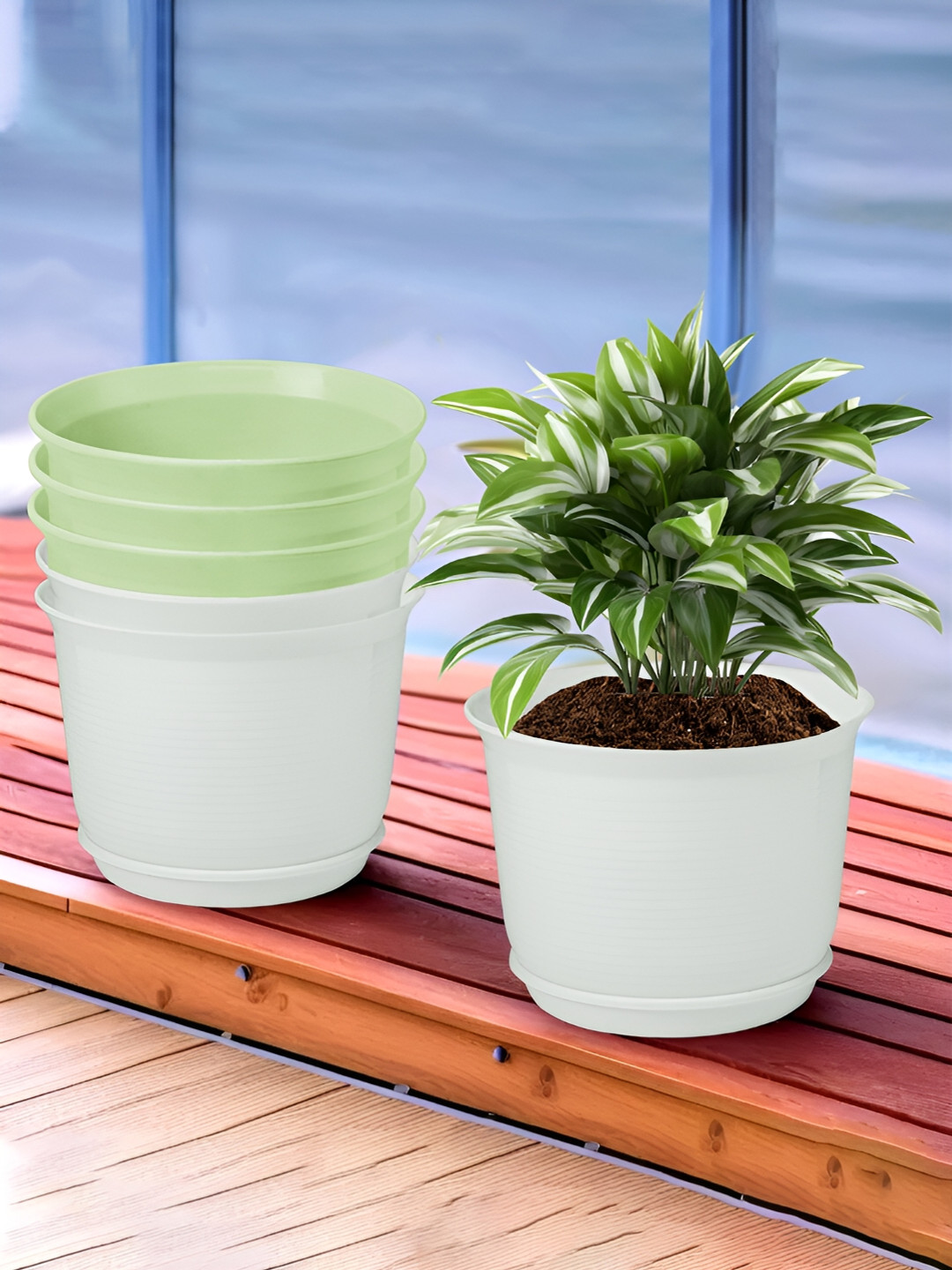 

Kuber Industries White & Green 6 Pieces Flower Pot Planters With Tray
