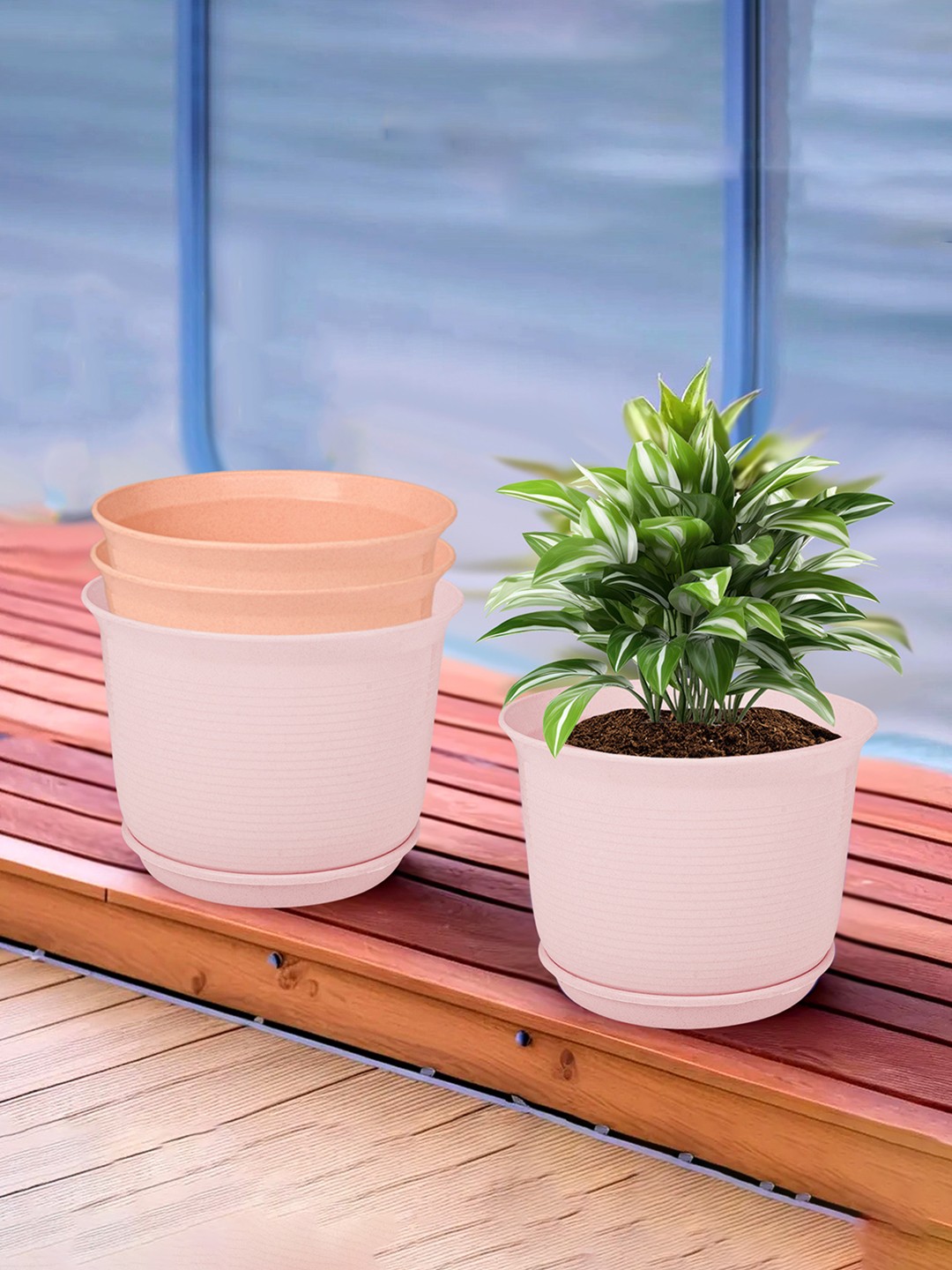 

Kuber Industries Peach Coloured & Pink 4 Pieces Textured Flower Pot Planters With Tray