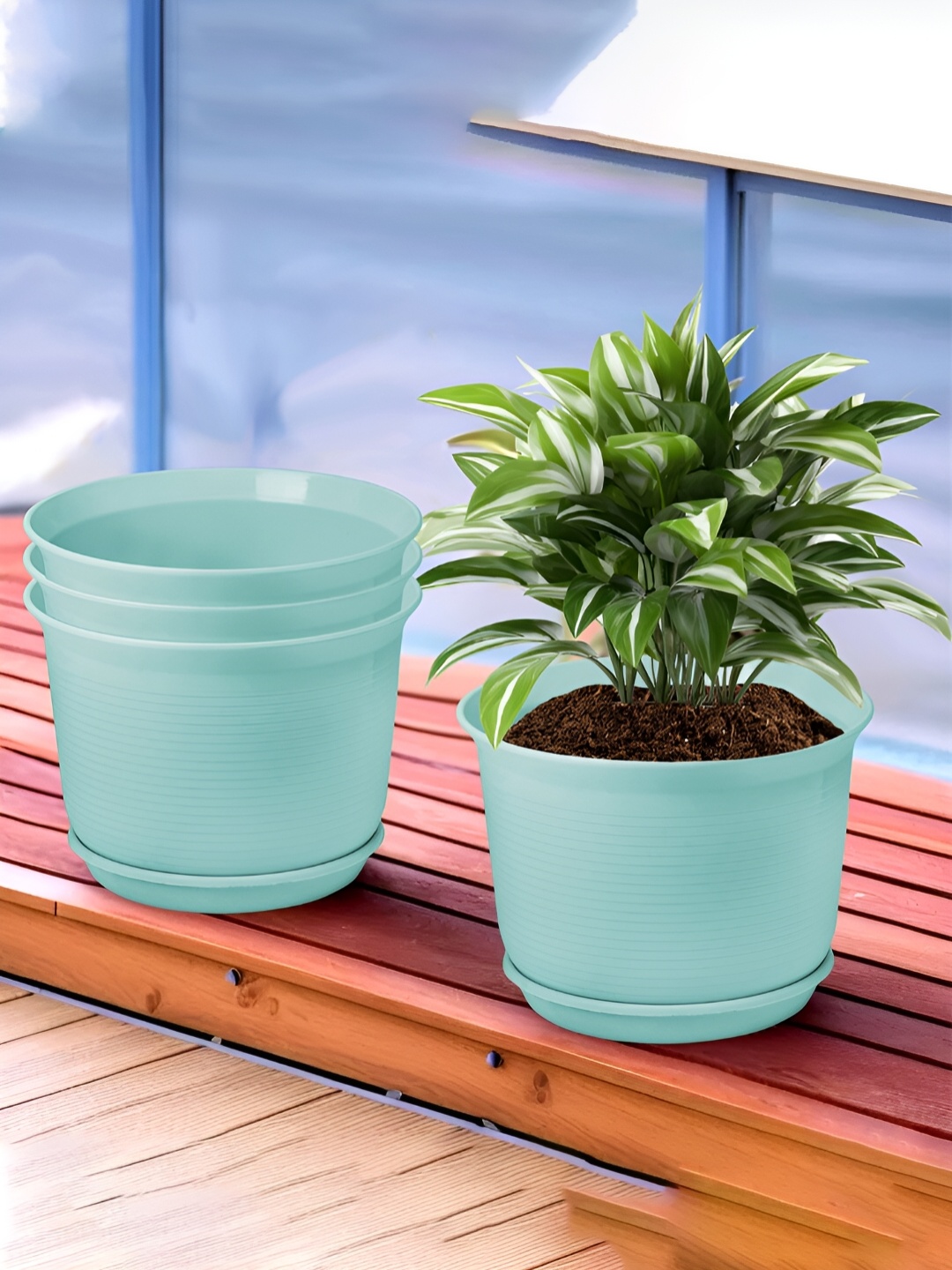 

Kuber Industries Blue 4 Pieces Flower Pot Planters With Tray