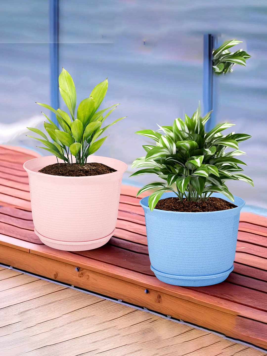 

Kuber Industries Blue & Pink 2 Pieces Textured Flower Pot Planters With Tray