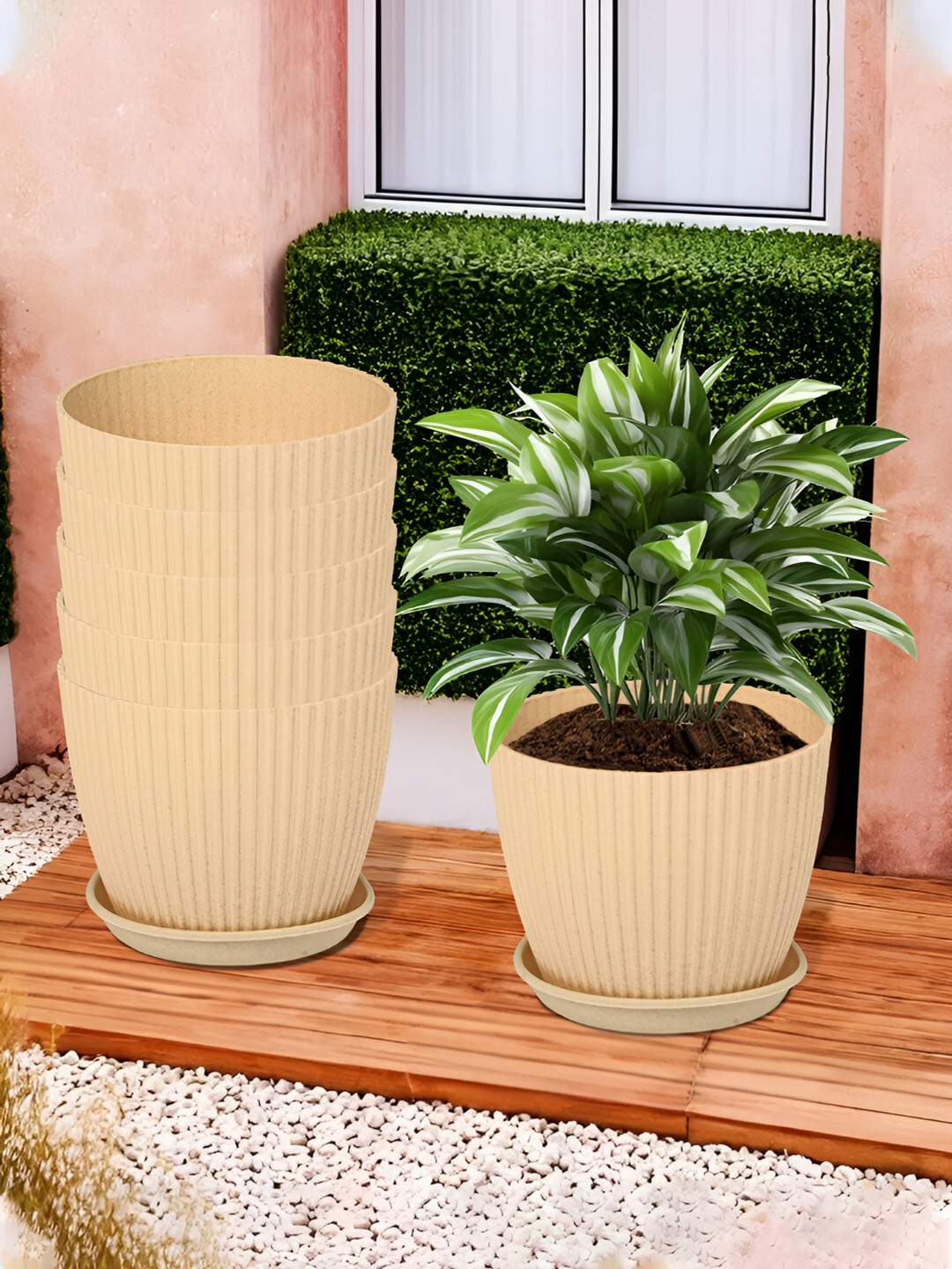

Kuber Industries Beige 6 Pieces Textured Flower Pot Planters With Tray