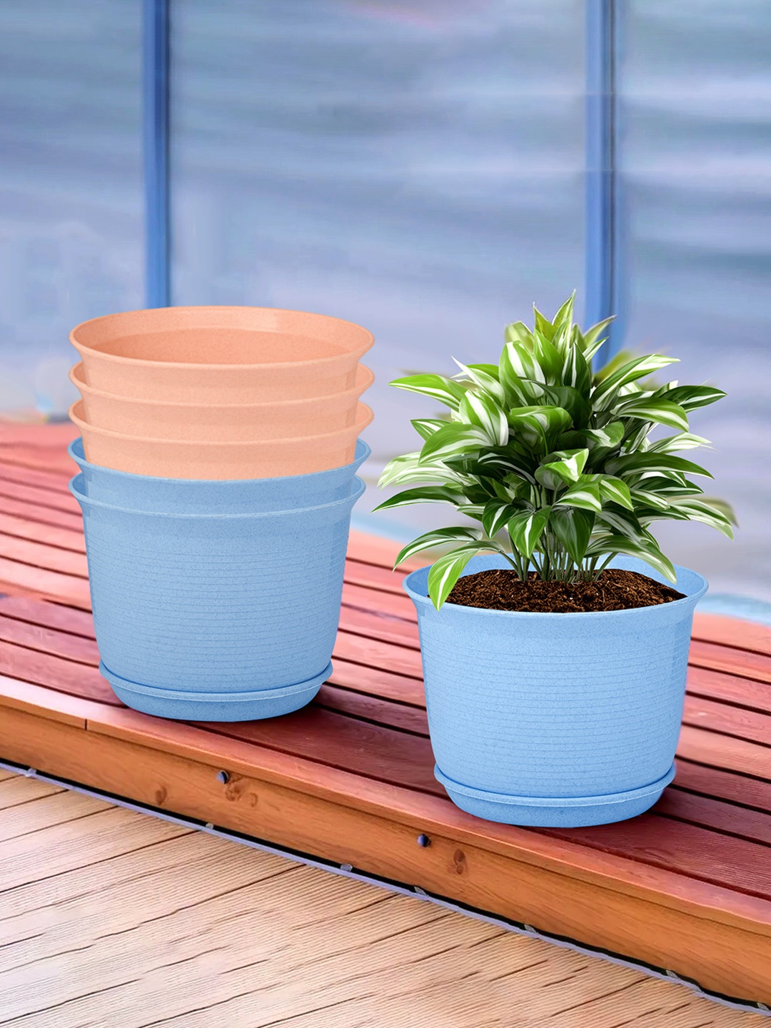 

Kuber Industries Blue & Peach Coloured 6 Pieces Textured Flower Pot Planters With Tray