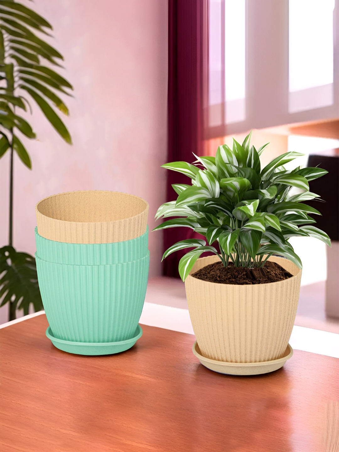 

Kuber Industries Beige & Green 4 Pieces Textured Flower Pot Planters With Tray