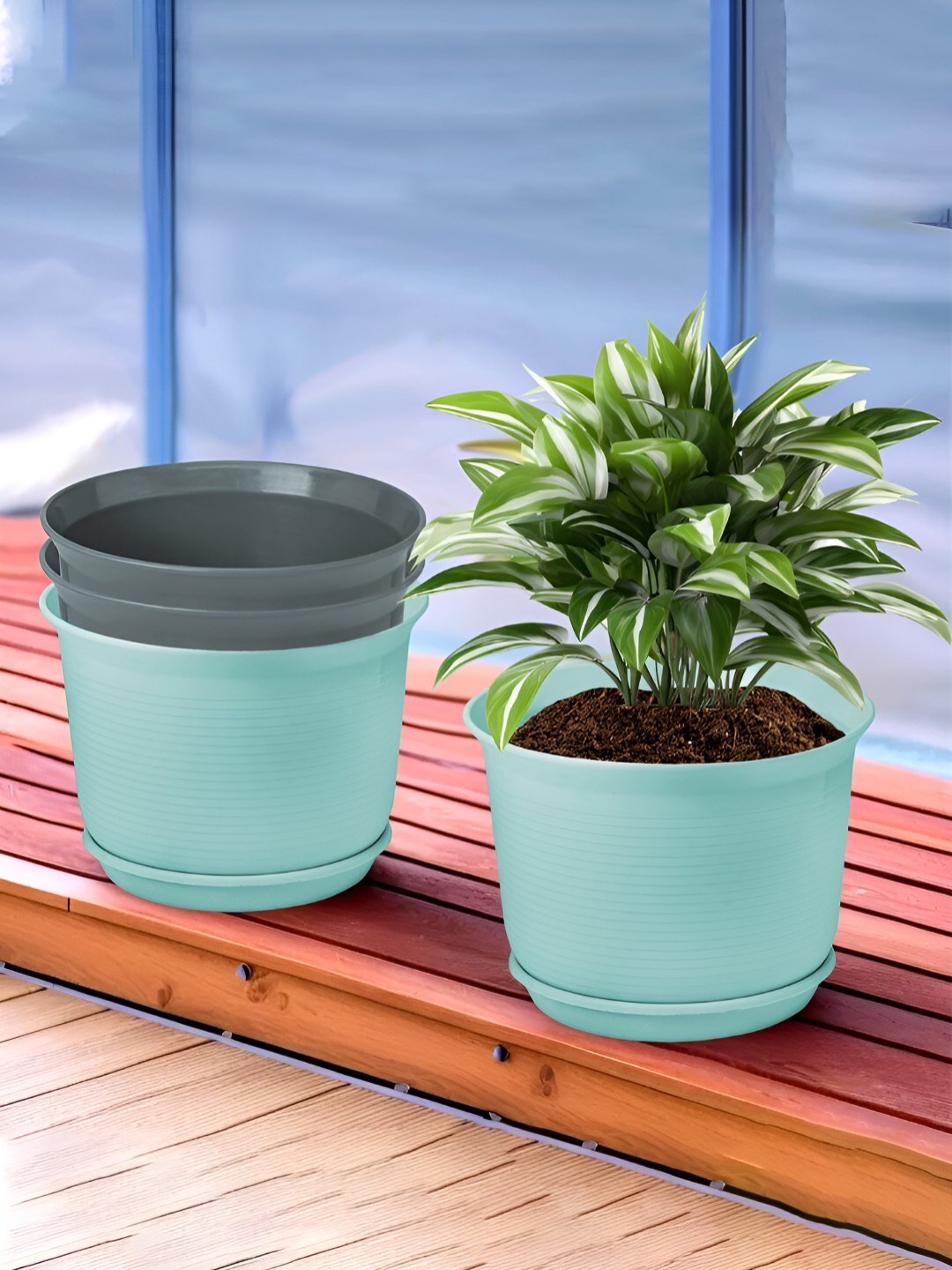 

Kuber Industries Blue & Grey 4 Pieces Striped Flower Pot Planters With Tray
