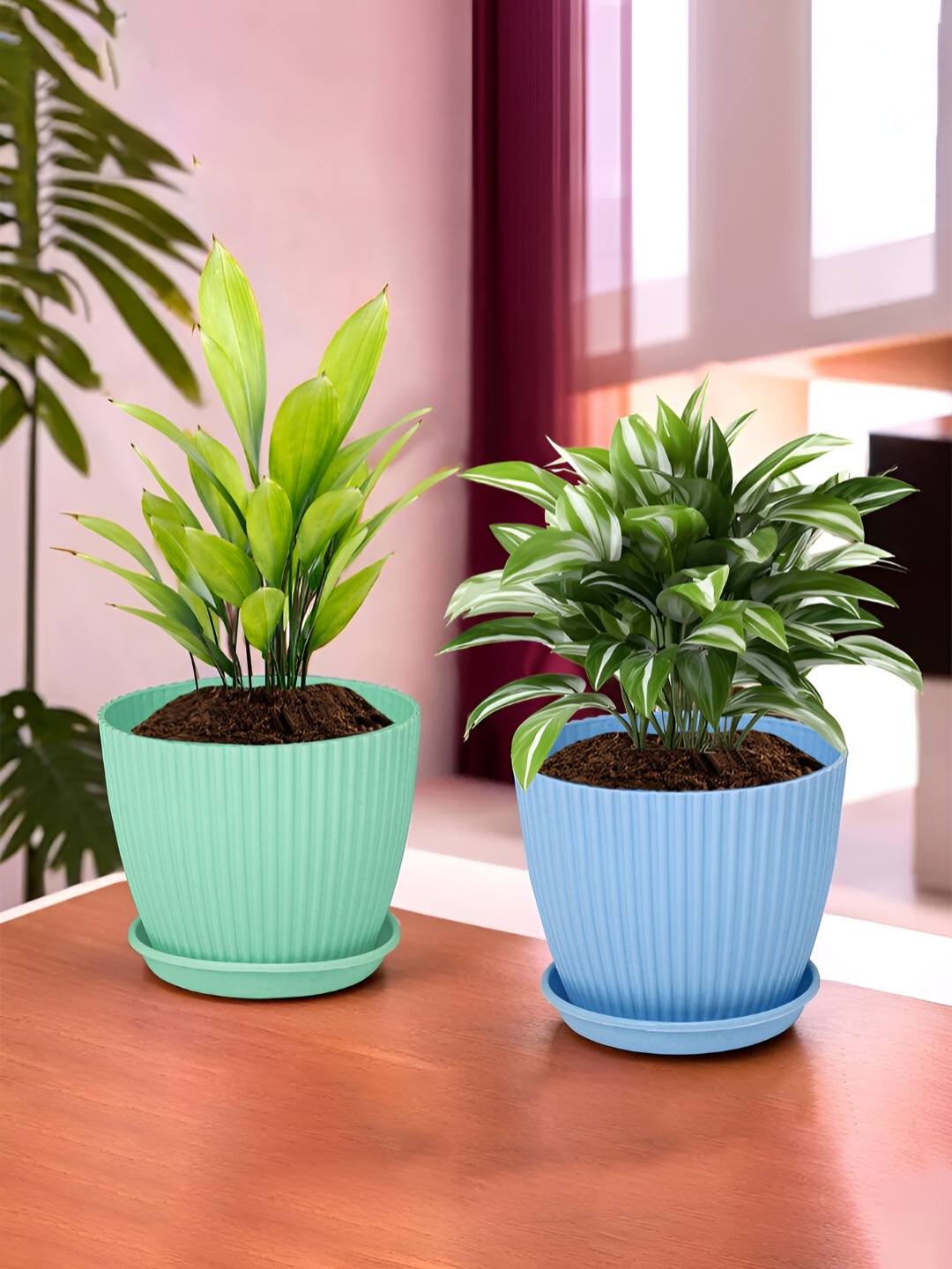 

Kuber Industries Blue & Green 2 Pieces Textured Flower Pot Planters With Tray