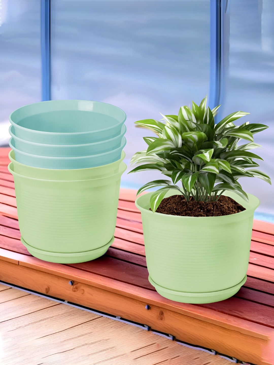 

Kuber Industries Blue & Green 6 Pieces Flower Pot Planters With Tray