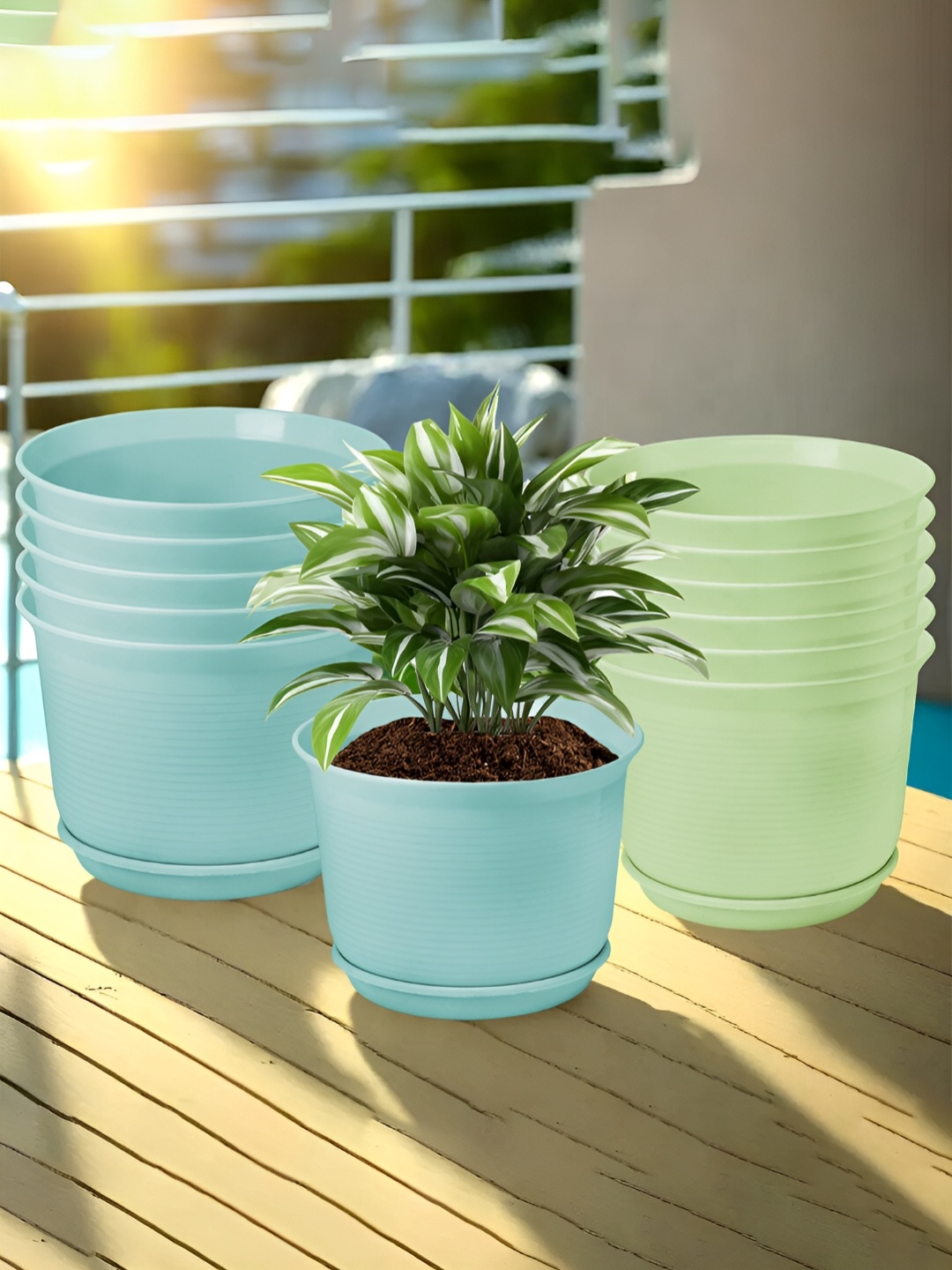 

Kuber Industries Blue & Green 12 Pieces Textured Flower Pot Planters With Tray
