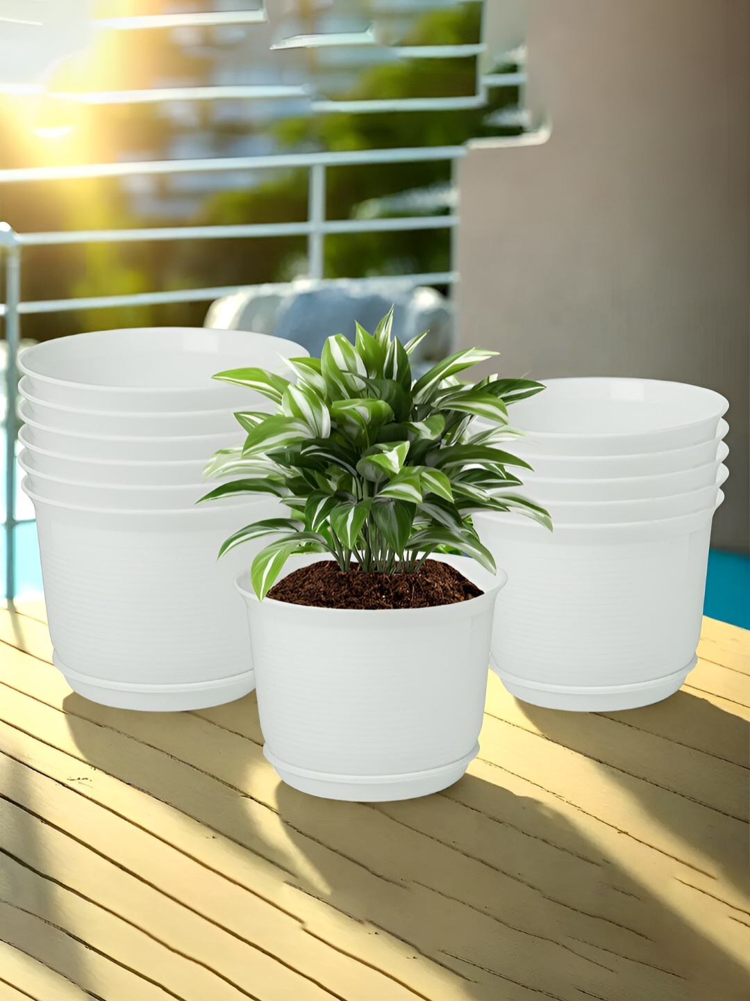 

Kuber Industries White 12 Pieces Striped Flower Pot Planters With Tray
