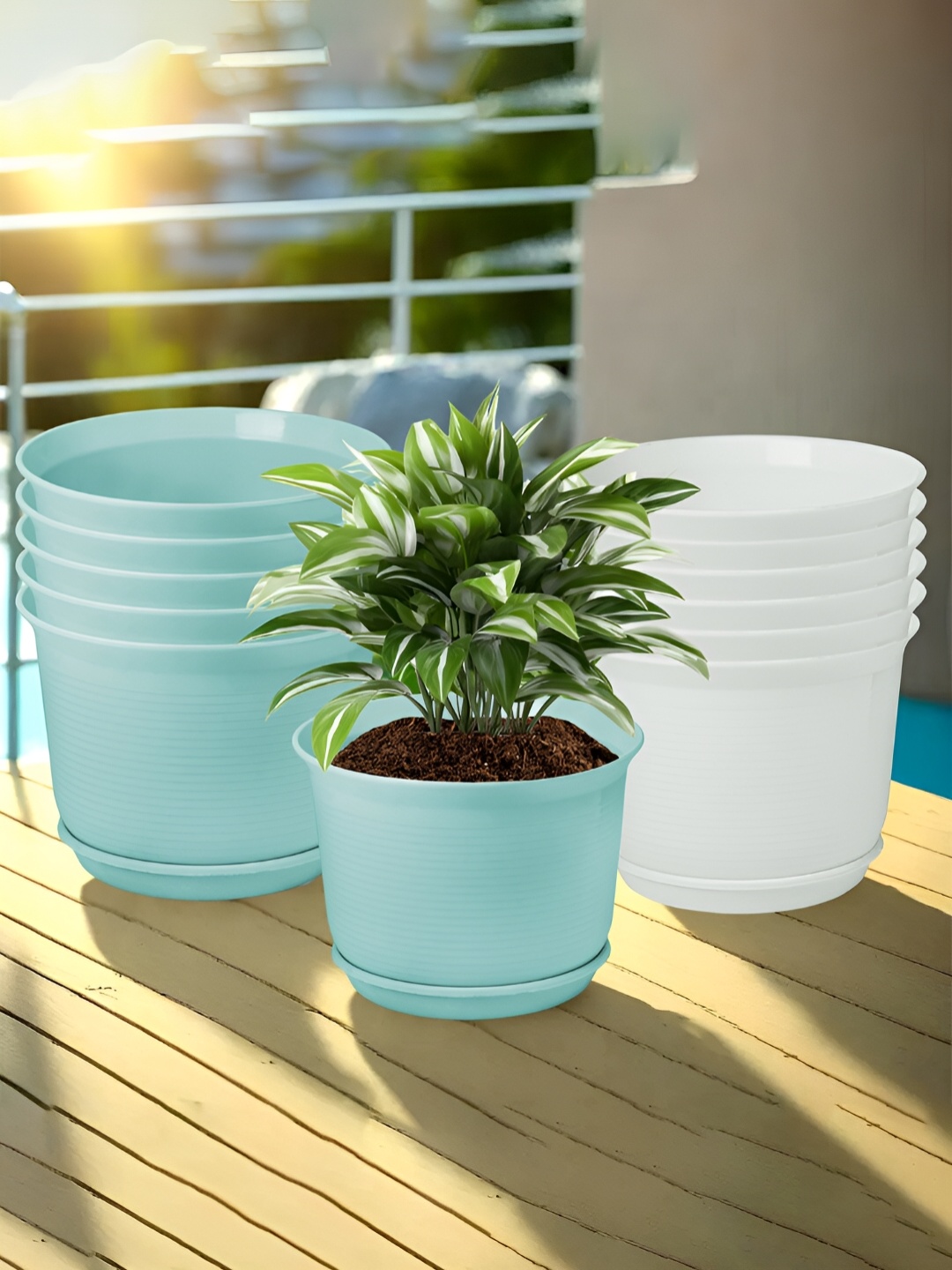

Kuber Industries Blue & White 12 Pieces Flower Pot Planters With Tray