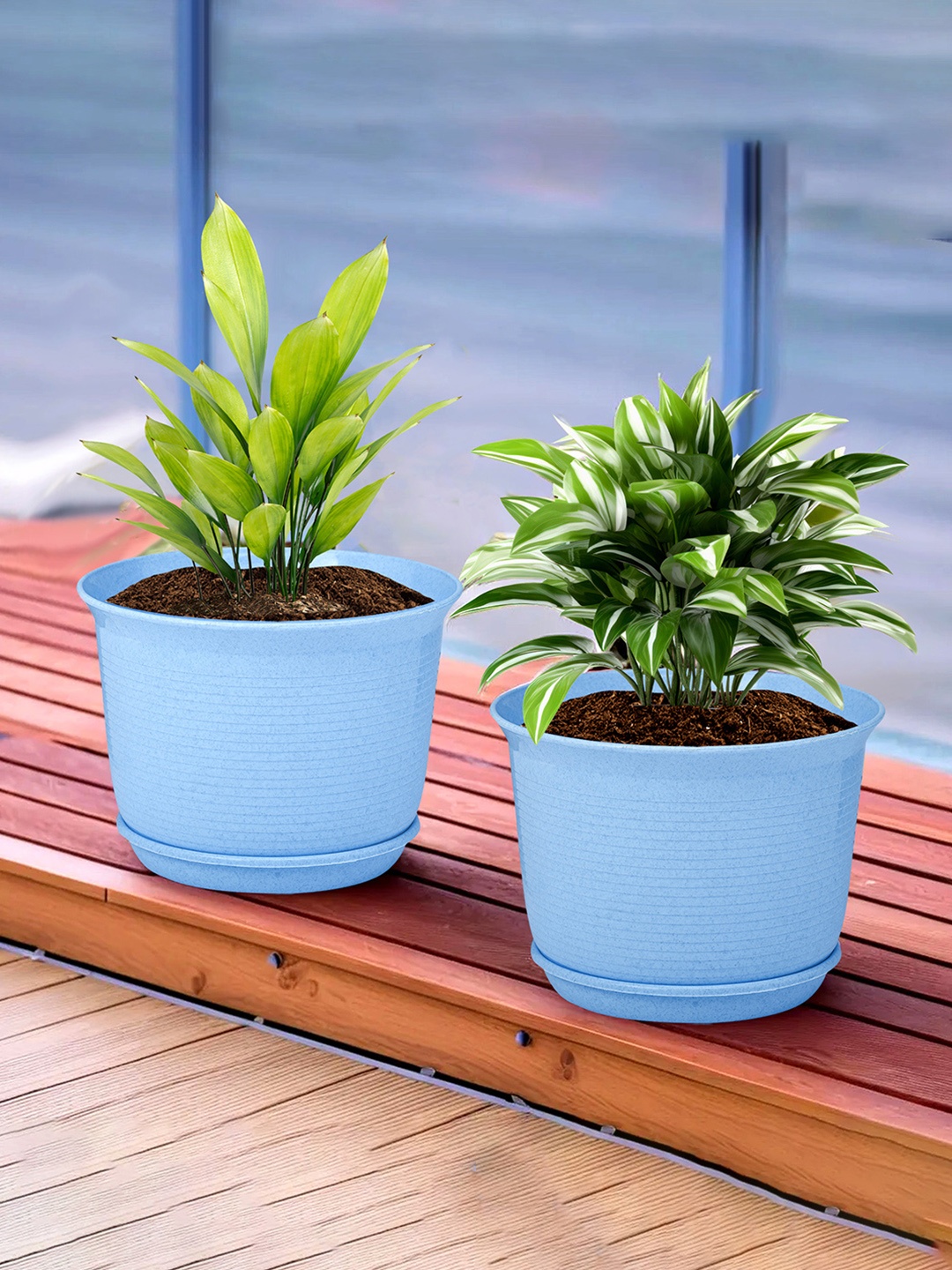 

Kuber Industries Blue 2 Pieces Textured Flower Pot Planters With Tray