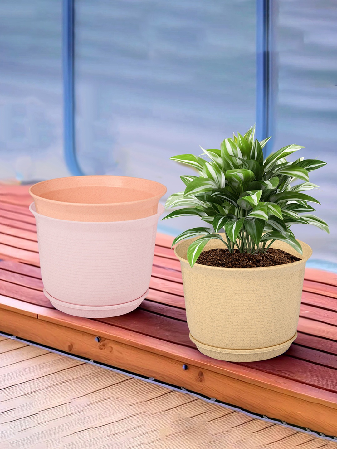 

Kuber Industries Beige & Pink 3 Pieces Textured Flower Pot Planters With Tray