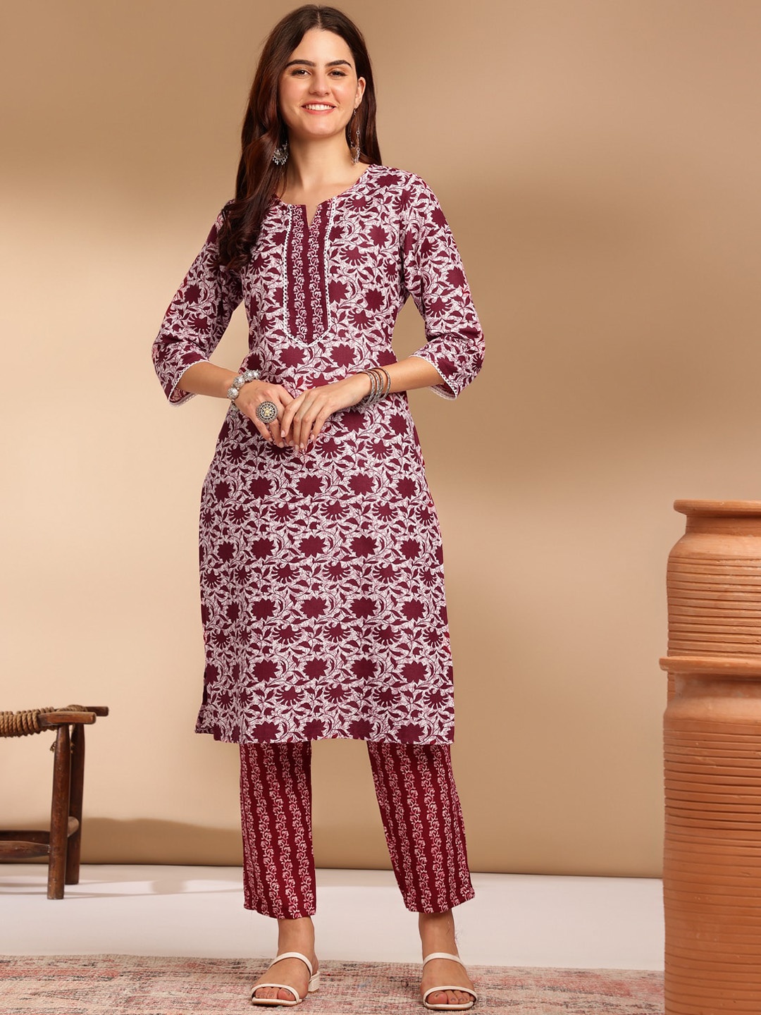 

KALINI Floral Printed Round Neck Three-Quarter Sleeves Kurta with Trousers, Maroon