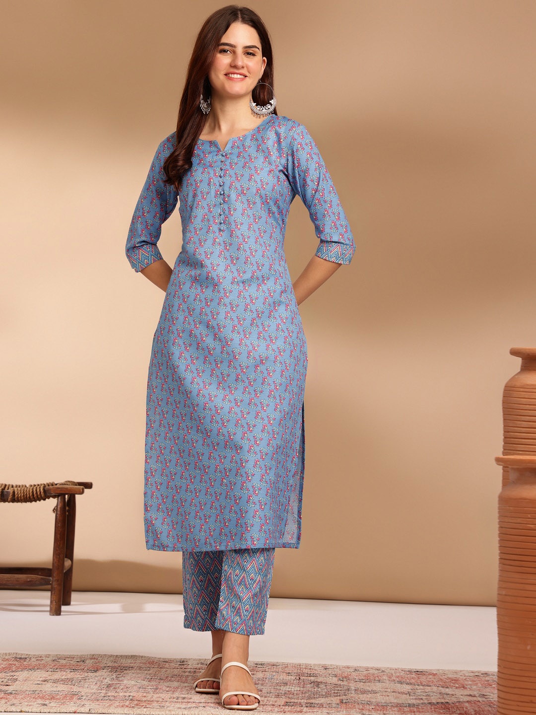 

KALINI Floral Printed Round Neck Three-Quarter Sleeves Kurta with Trousers, Blue