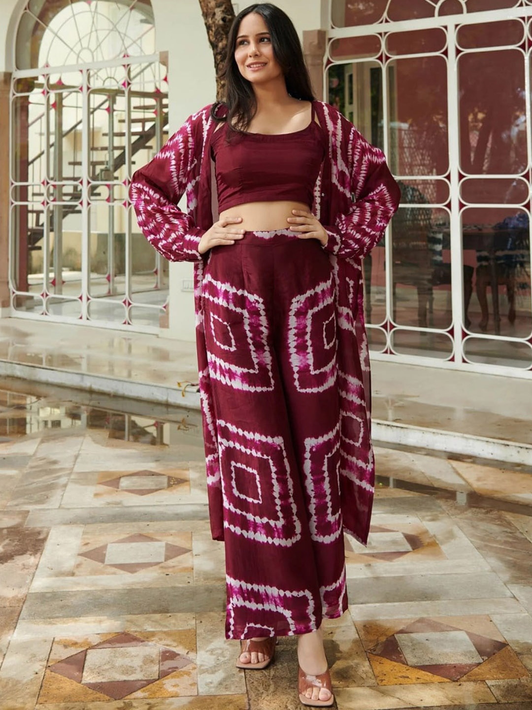 

ISHA TRADE Tie & Dye Dyed Top, Shrug & Palazzos, Maroon