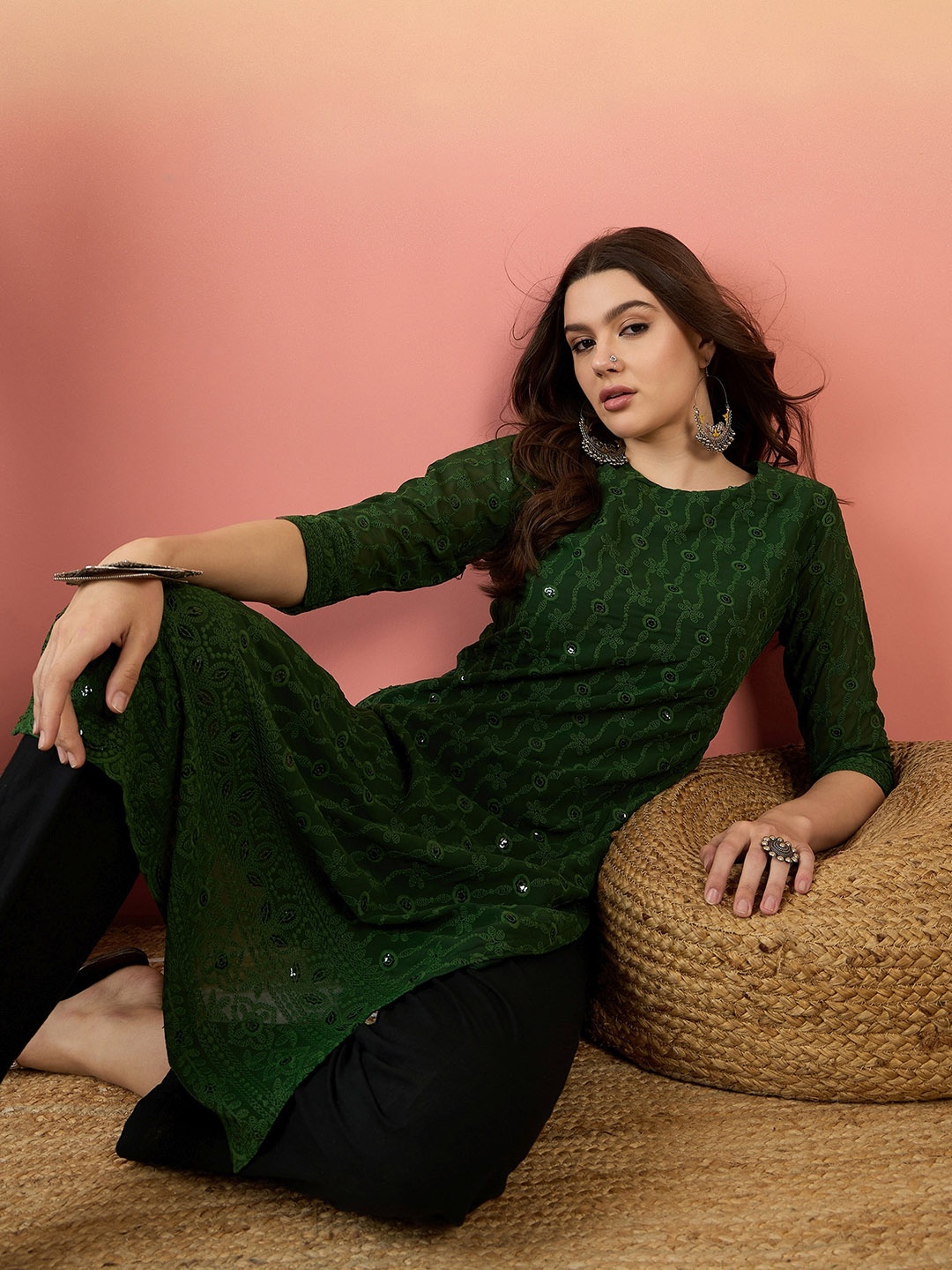 

Anouk Ethnic Motifs Printed Zari Georgette A-Line Kurta, Green