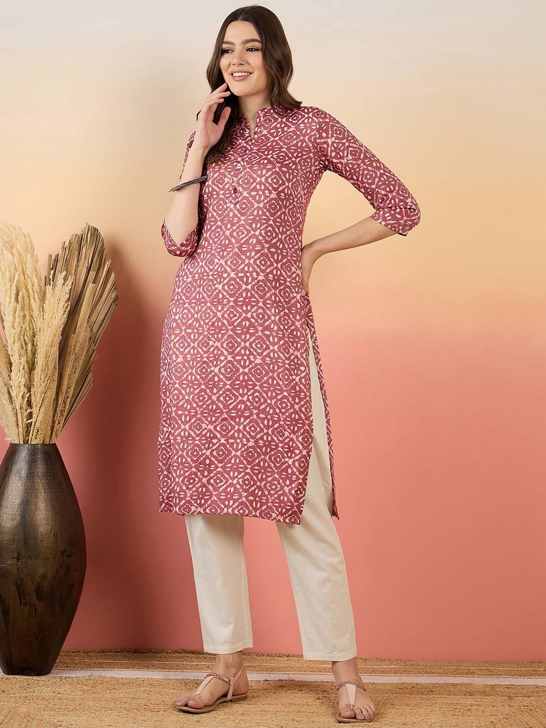 

Anouk Ethnic Motifs Printed Mandarin Collar Straight Kurta, Pink