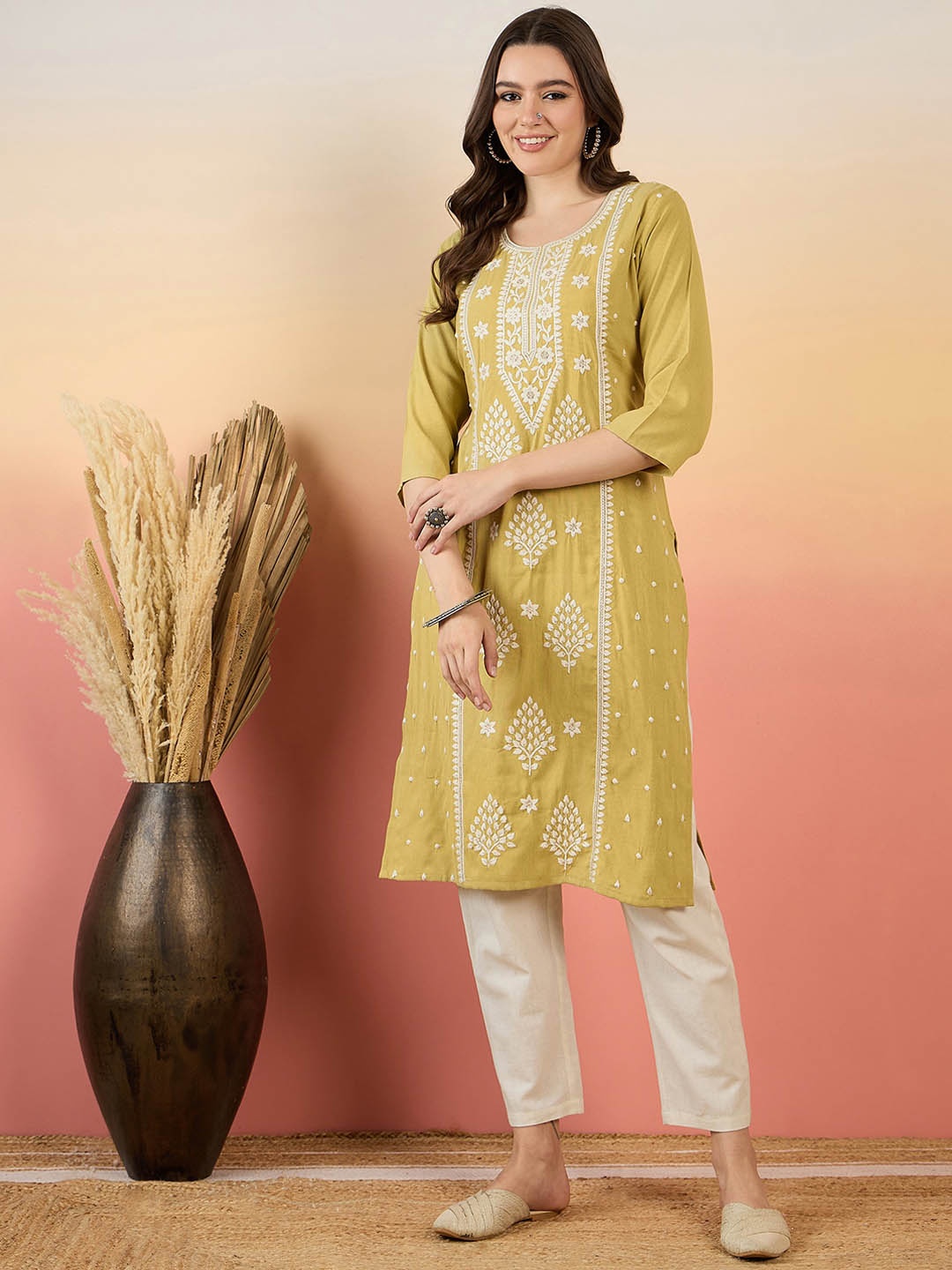 

Anouk Round Neck Thread Work Cotton Kurta, Yellow