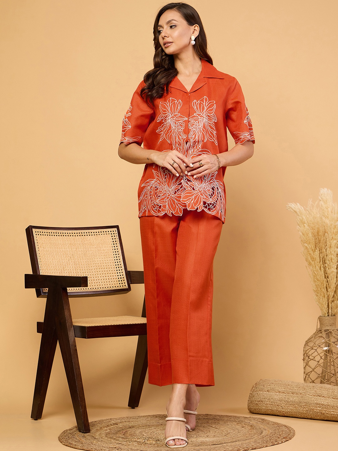 

Uptownie Linen Embroidered Cutwork Coord Set, Orange