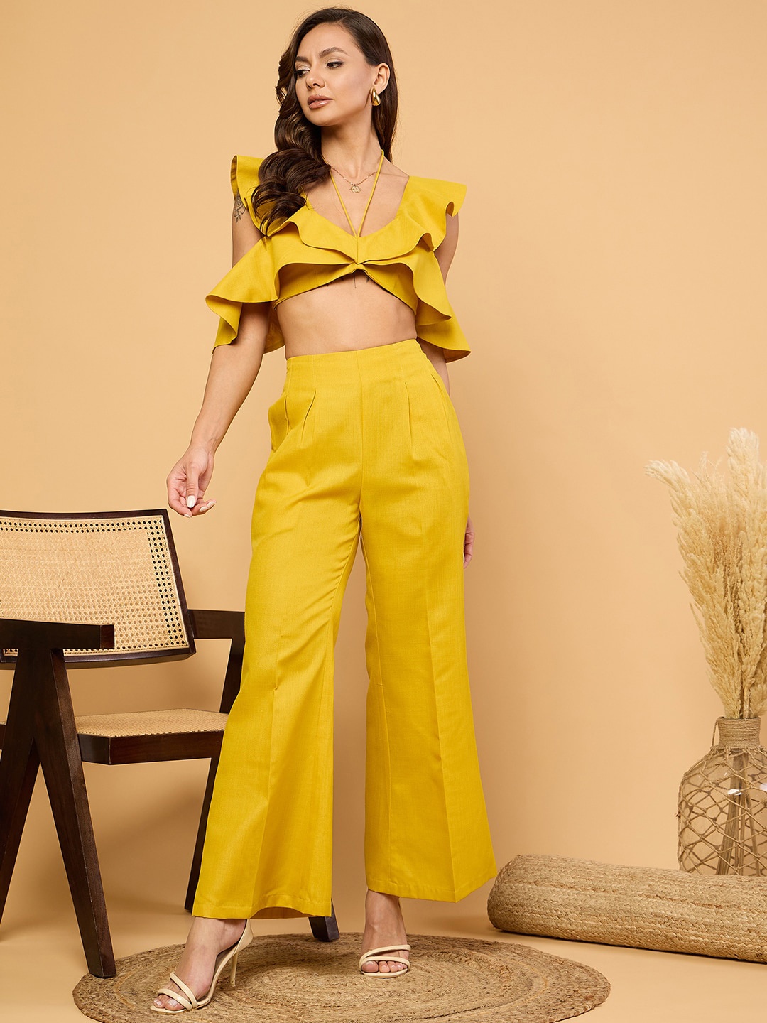 

Uptownie Linen Ruffled Top With Pants, Mustard