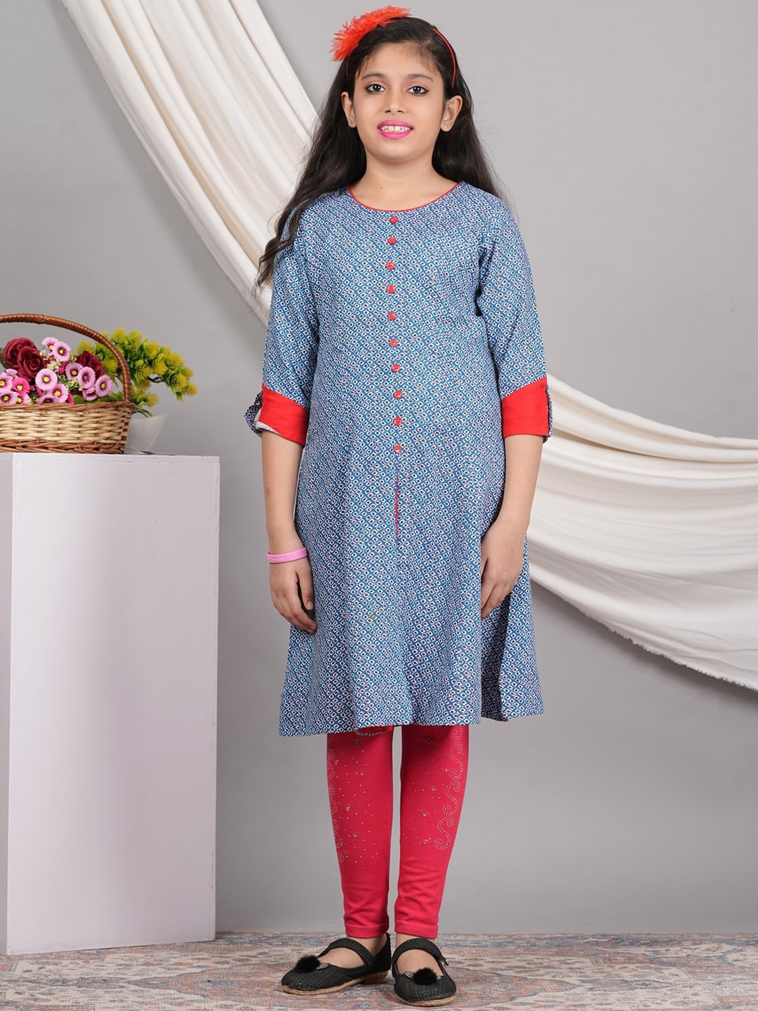 

YASH GALLERY Girls Geometric Printed A-Line Kurta, Blue