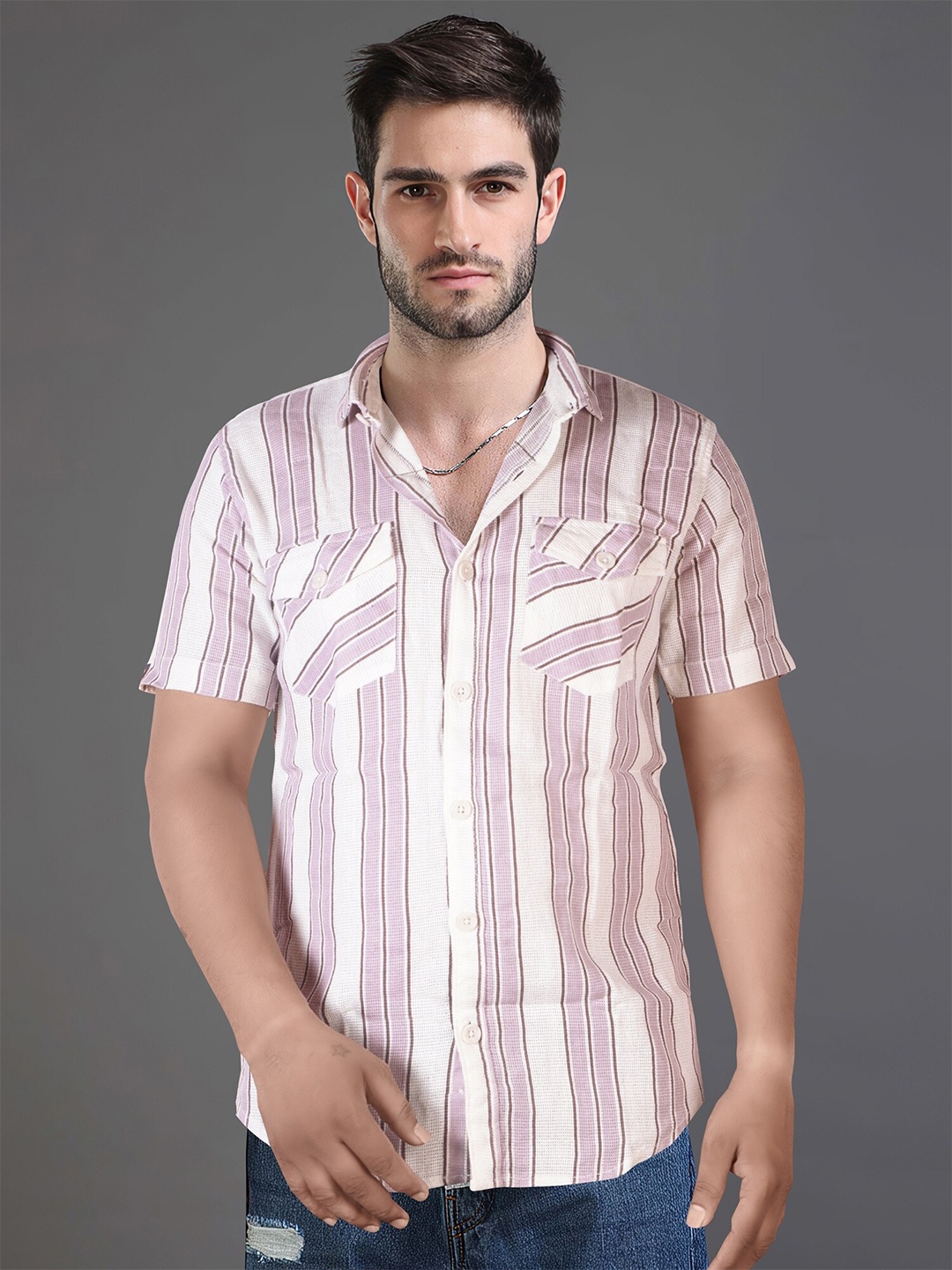 

Jb Just BLACK Classic Vertical Stripes Spread Collar Slim Fit Cotton Casual Shirt, Pink