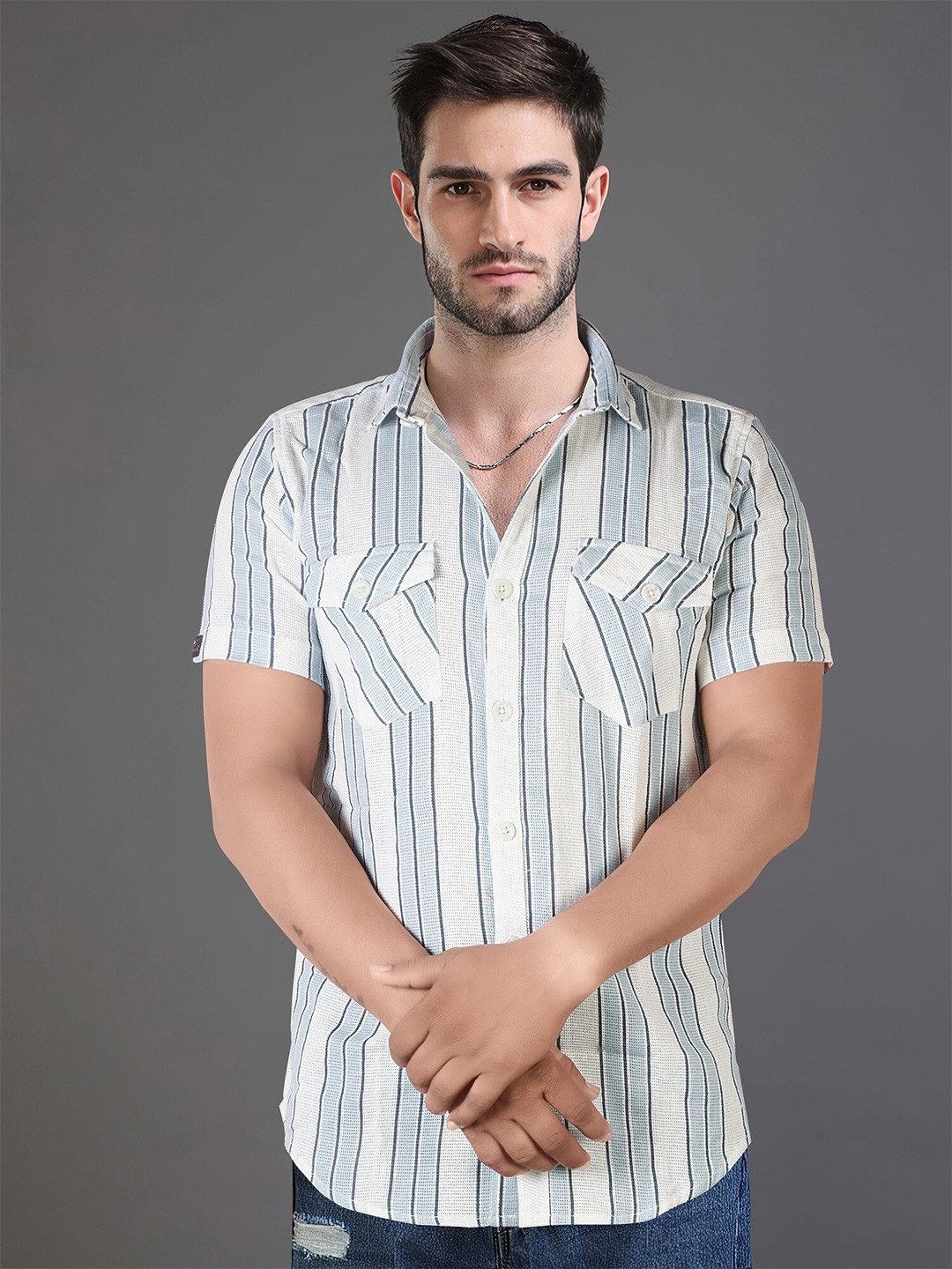 

Jb Just BLACK Classic Vertical Stripes Spread Collar Slim Fit Cotton Casual Shirt, Blue