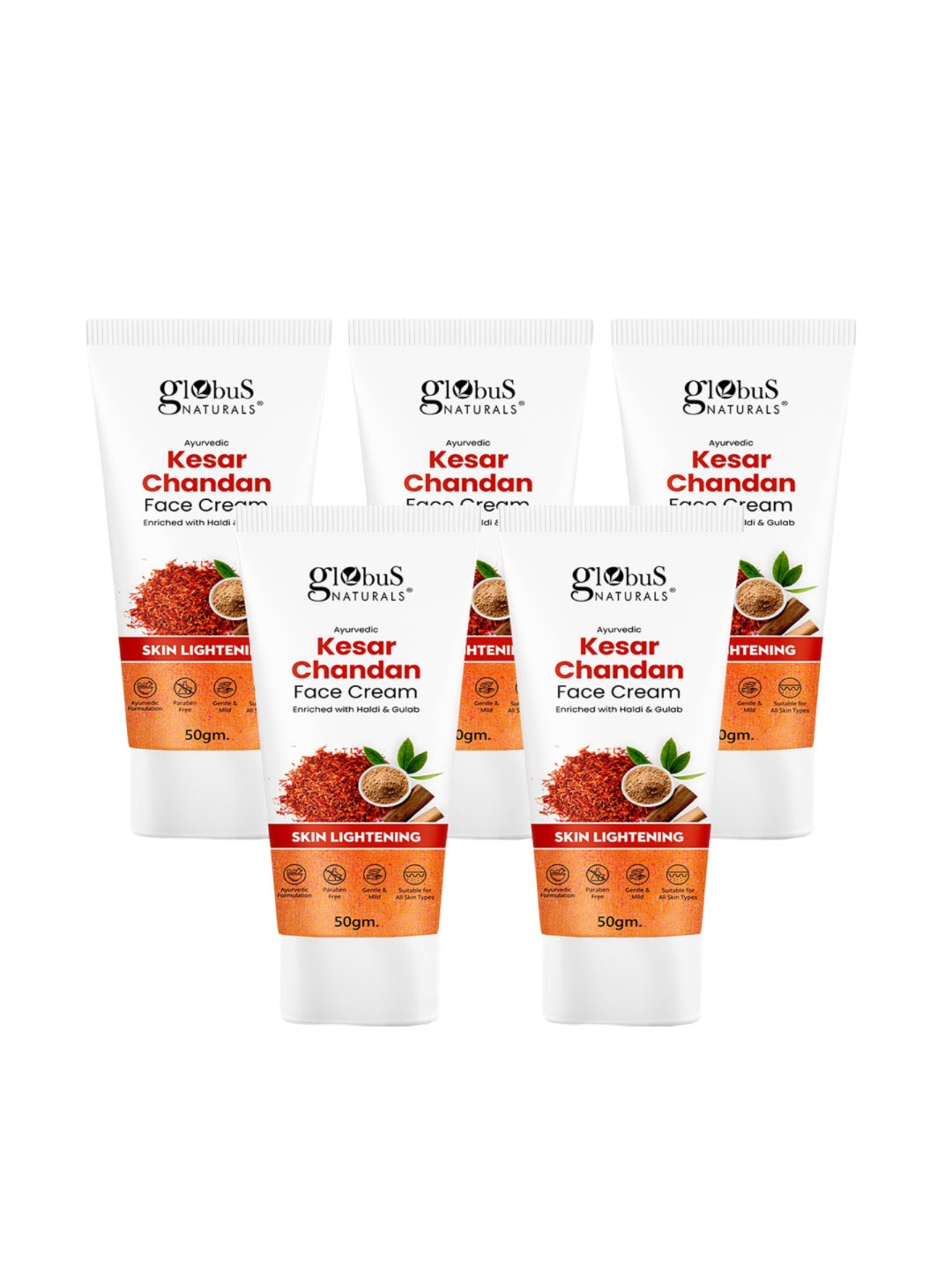 

Globus naturals Set of 5 Kesar Chandan Lightening Face Cream with Haldi & Gulab - 50g each, White