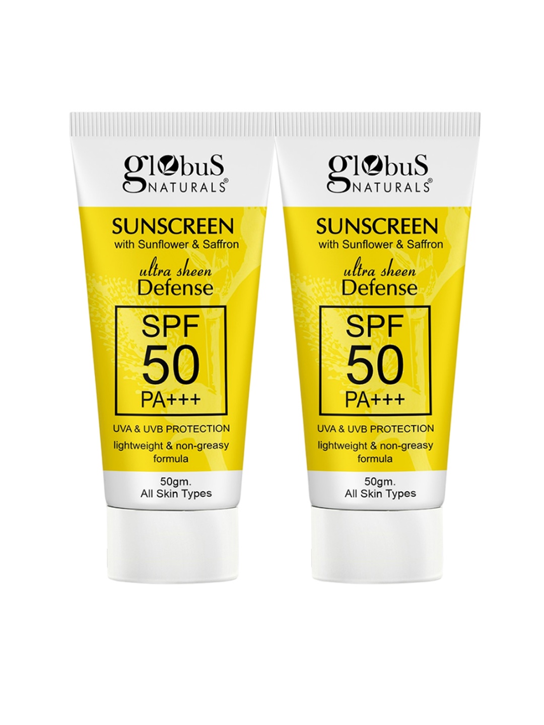 

Globus naturals Set of 2 Ultra Sheen Defense SPF50 Sunscreen with Sunflower - 50 g each, Yellow