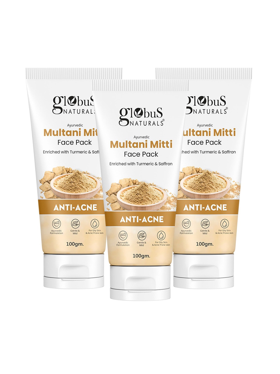 

Globus naturals Set Of 3 Multani Mitti Face Pack With Turmeric & Saffron -100g Each, White