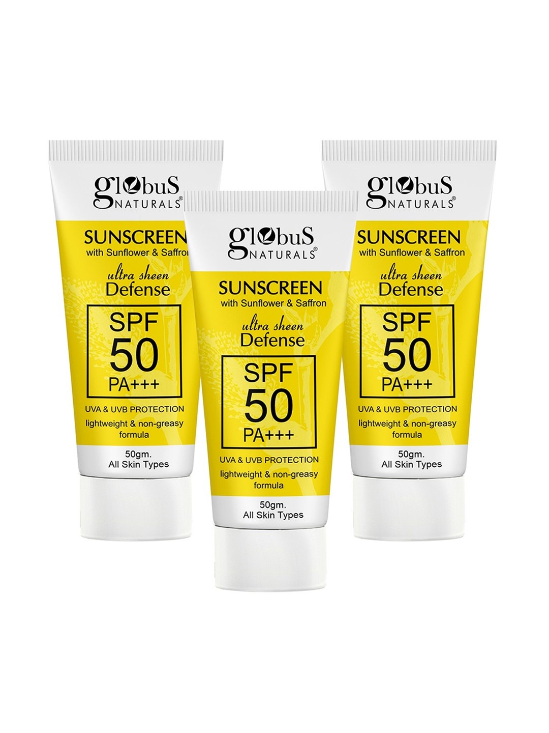 

Globus naturals Ultra Sheen Set Of 3 Defense Sunscreen SPF 50 PA+++ - 50g Each, Yellow